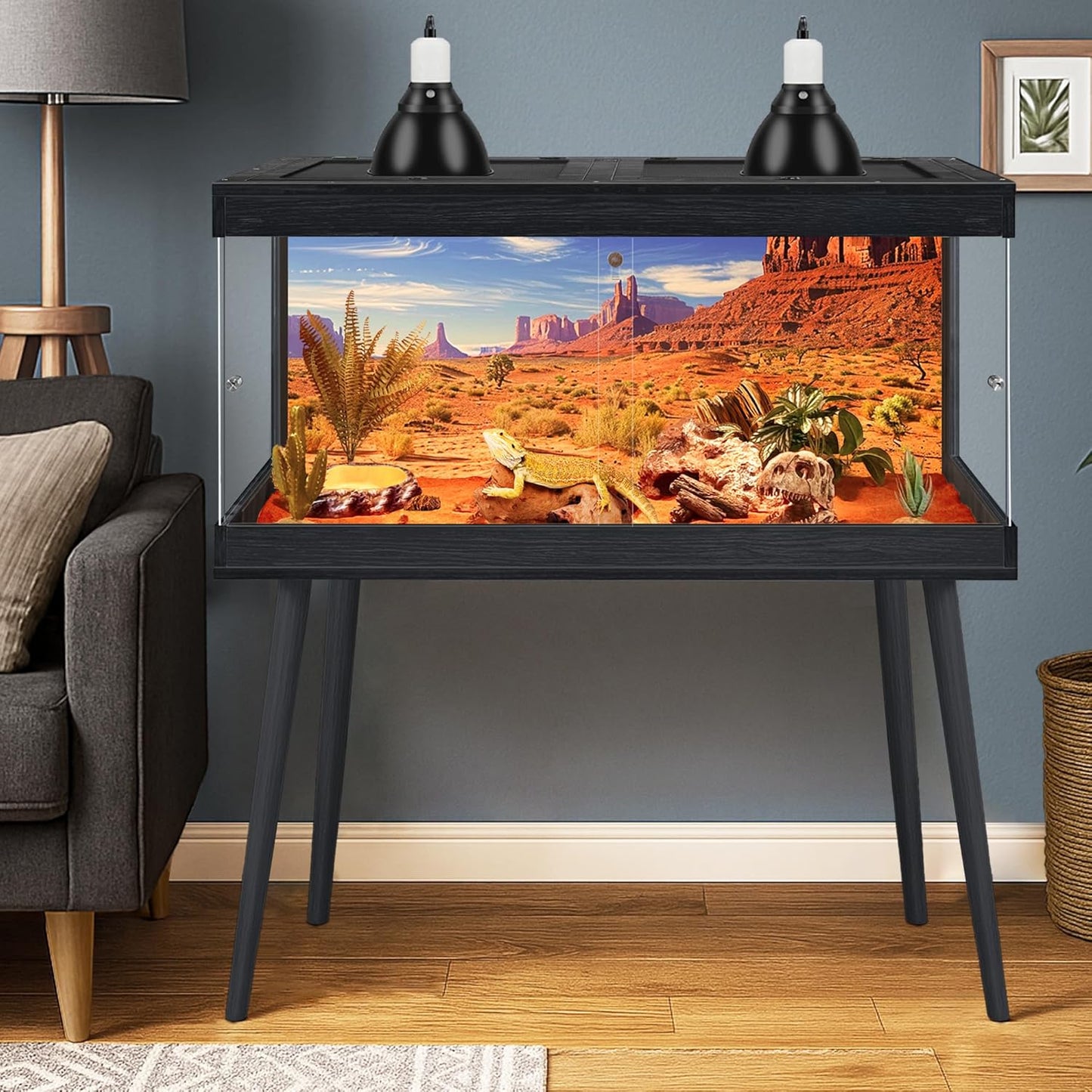 Bearded Dragon Tank with Leg Stand,Tempered Glass Reptile Tank with Metal Mesh Top, Black, 62Gal, 40' Length