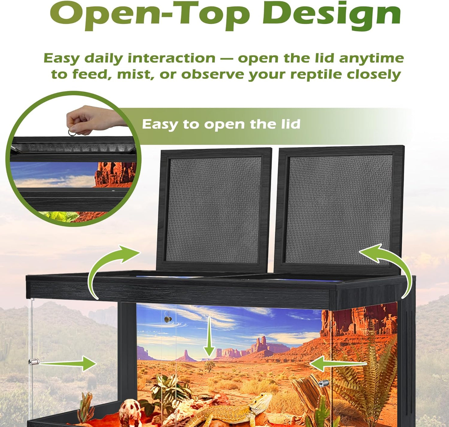 Bearded Dragon Tank, Tempered Glass Reptile Terrarium with Metal Mesh Top, Black, 60 Gallons