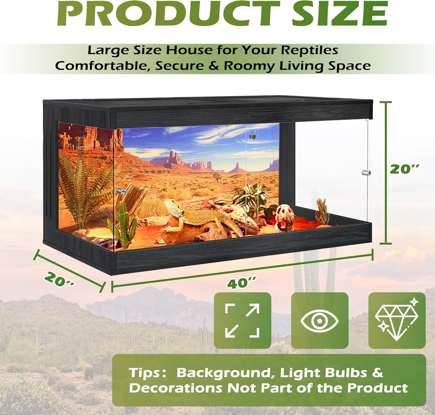 Bearded Dragon Tank, Tempered Glass Reptile Terrarium with Metal Mesh Top, Black, 60 Gallons