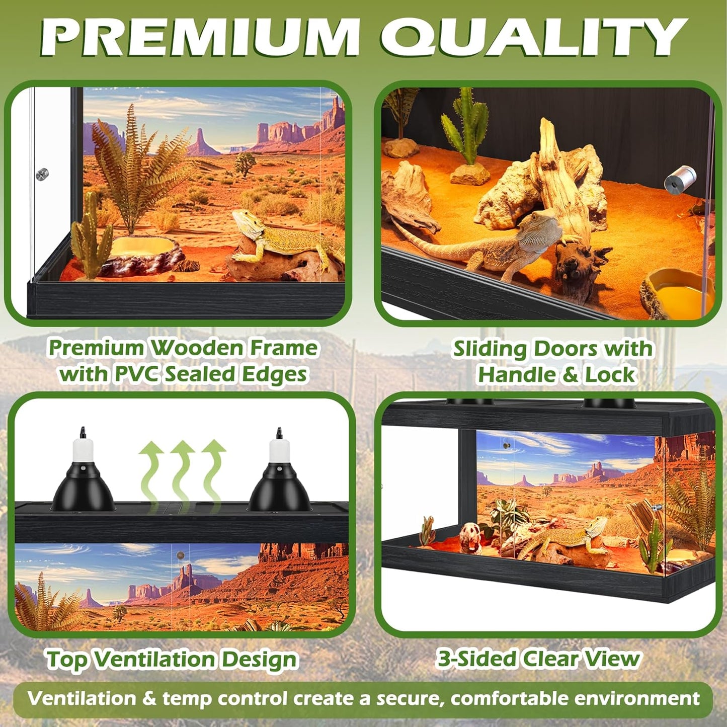 Bearded Dragon Tank, Tempered Glass Reptile Terrarium with Metal Mesh Top, Black, 60 Gallons