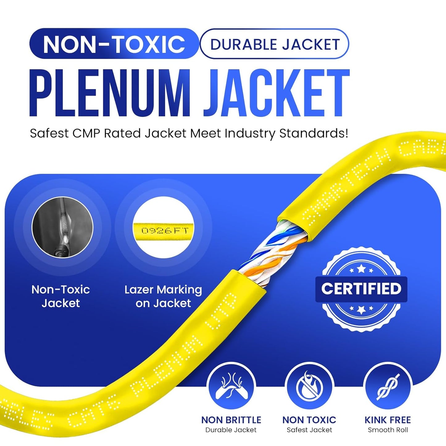 CAT6 Plenum Cable 1000ft Yellow,  23AWG, 550MHz UTP, 4Pair, 1GB Ethernet Cable CCA, for High Speed Networking