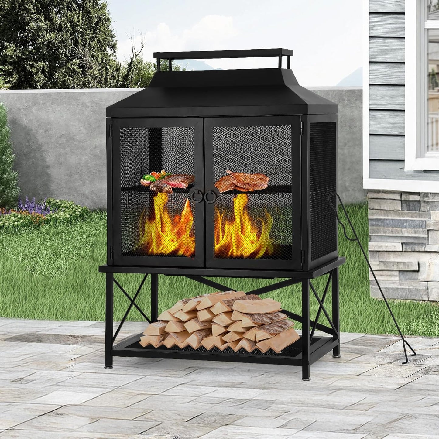 2-in-1 Metal Chiminea Fireplace with Grill,Wood Burning Outdoor Fireplace with Wood Storage, Metal Mesh Screen