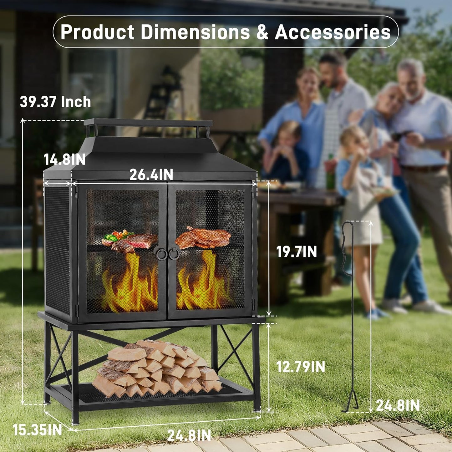 2-in-1 Metal Chiminea Fireplace with Grill,Wood Burning Outdoor Fireplace with Wood Storage, Metal Mesh Screen