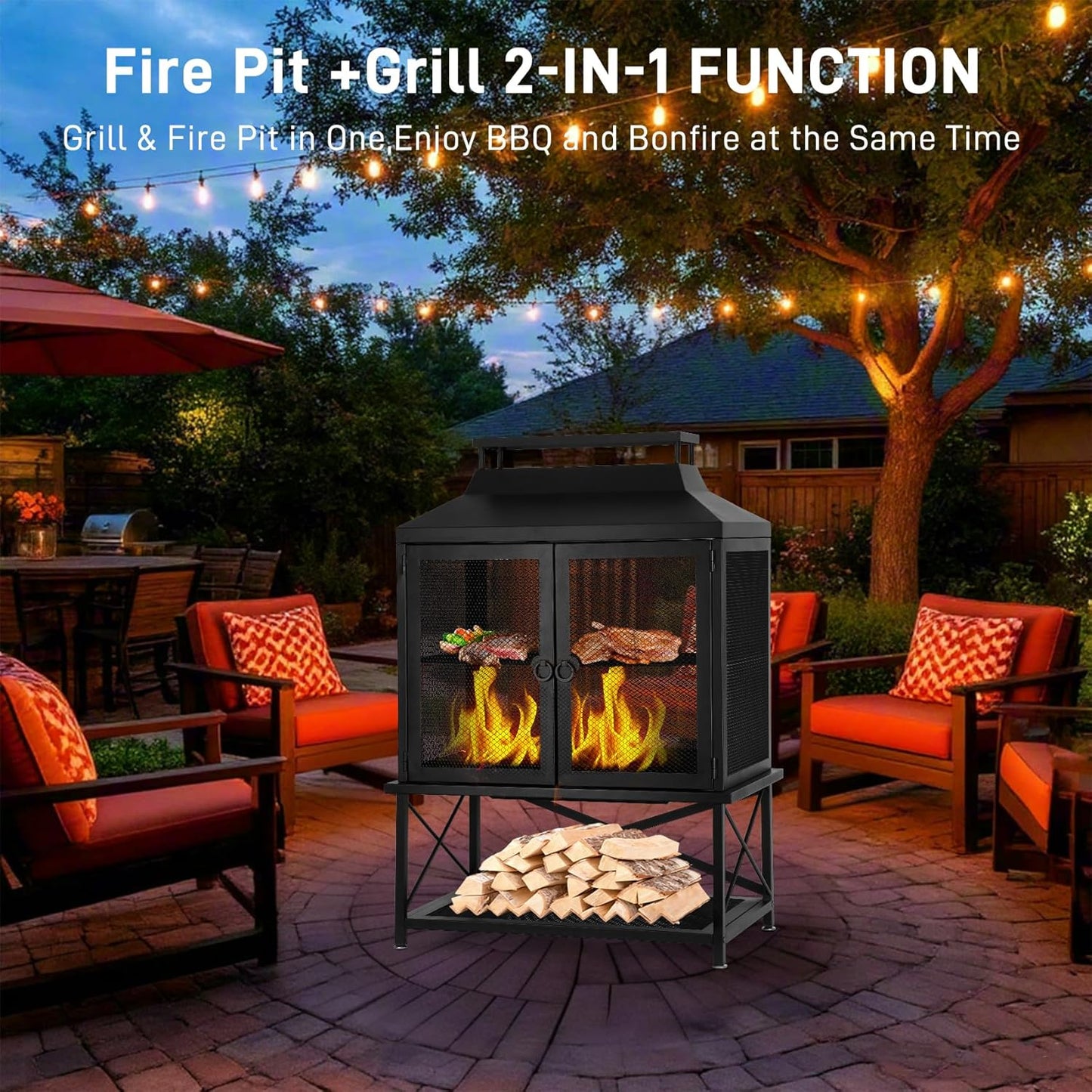 2-in-1 Metal Chiminea Fireplace with Grill,Wood Burning Outdoor Fireplace with Wood Storage, Metal Mesh Screen