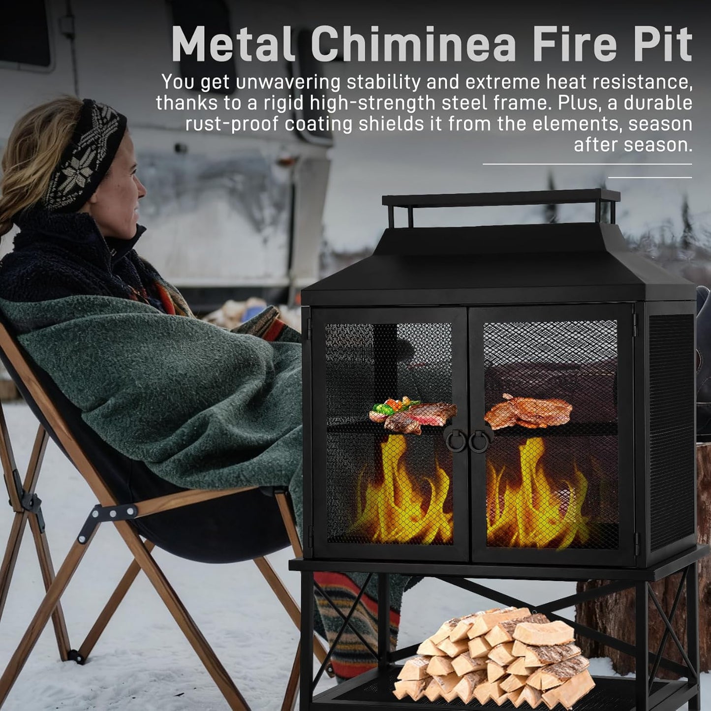 2-in-1 Metal Chiminea Fireplace with Grill,Wood Burning Outdoor Fireplace with Wood Storage, Metal Mesh Screen