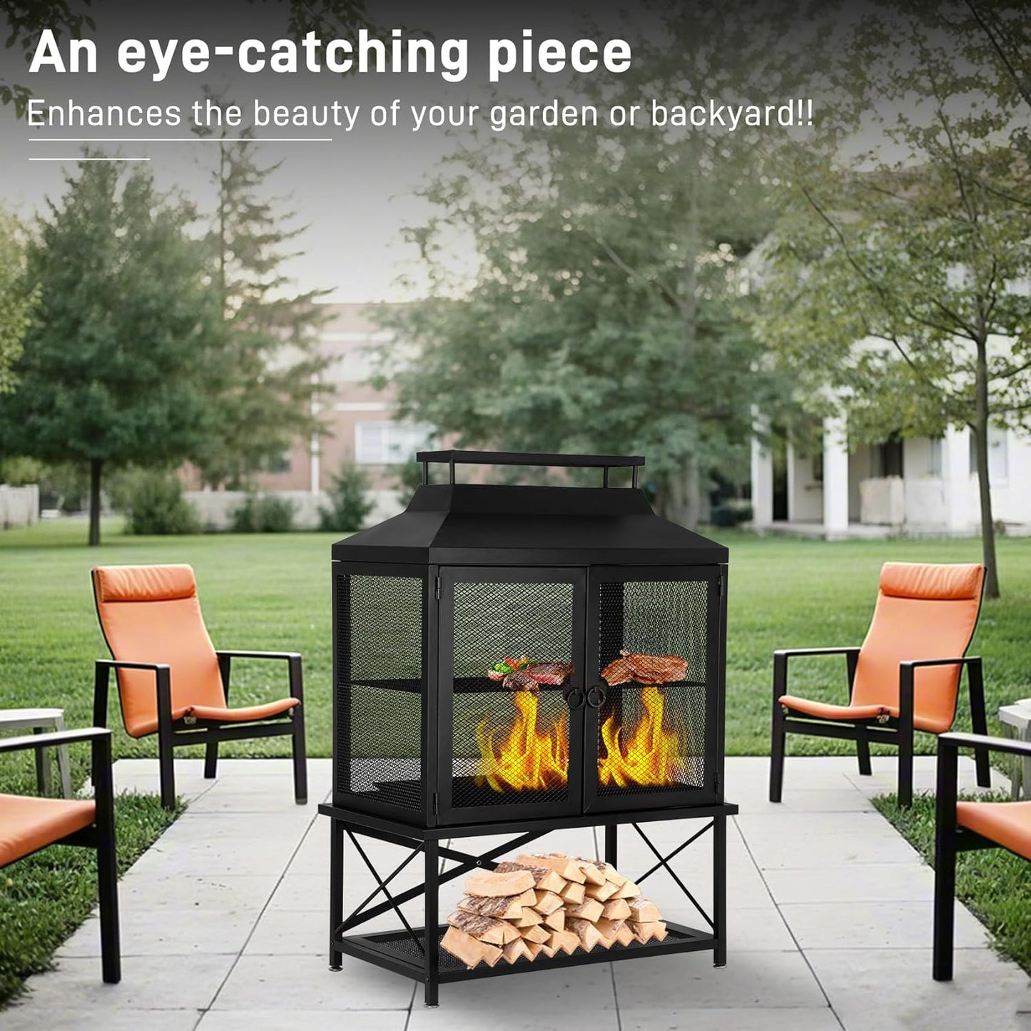 2-in-1 Metal Chiminea Fireplace with Grill,Wood Burning Outdoor Fireplace with Wood Storage, Metal Mesh Screen
