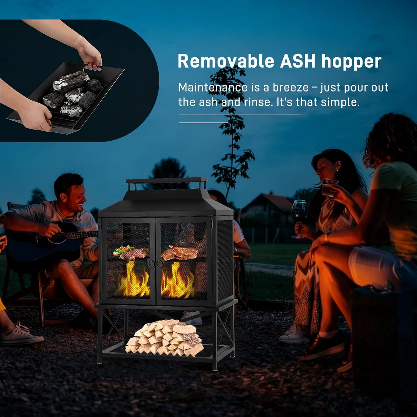 2-in-1 Metal Chiminea Fireplace with Grill,Wood Burning Outdoor Fireplace with Wood Storage, Metal Mesh Screen