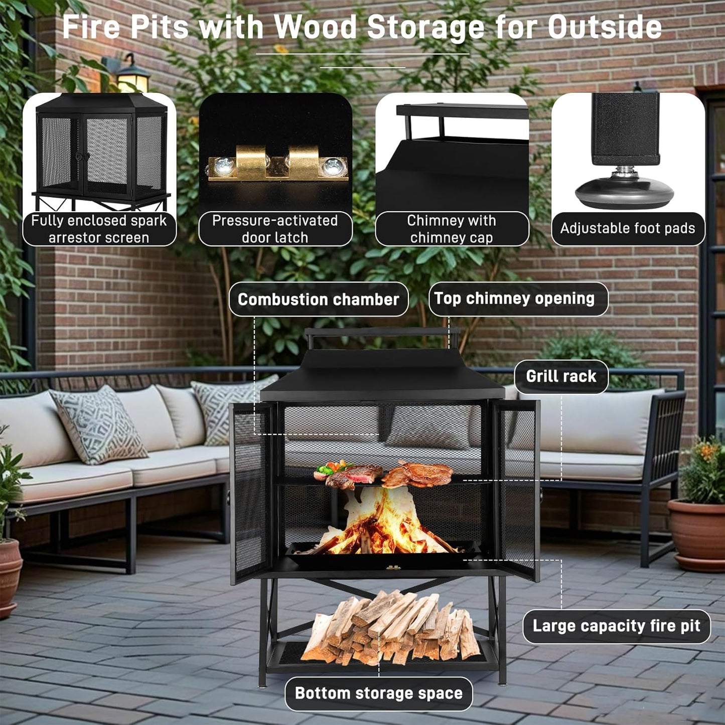 2-in-1 Metal Chiminea Fireplace with Grill,Wood Burning Outdoor Fireplace with Wood Storage, Metal Mesh Screen