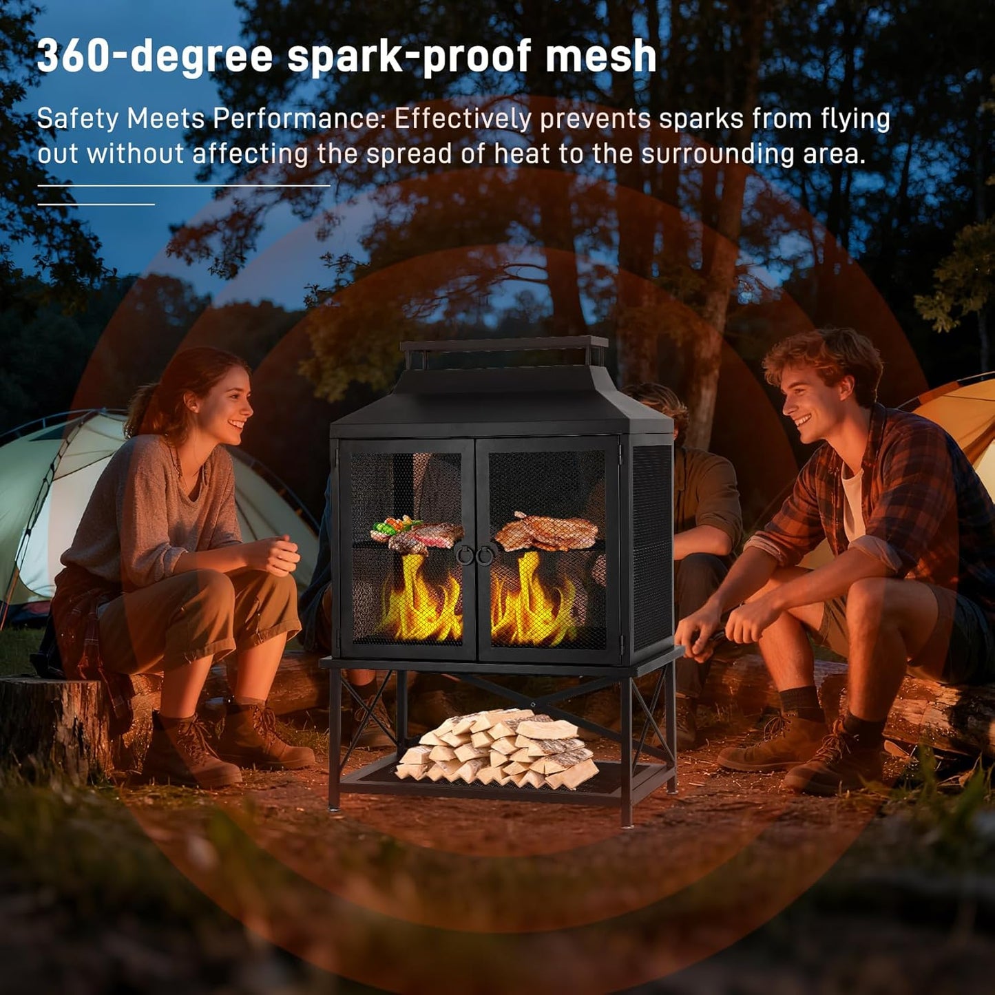 2-in-1 Metal Chiminea Fireplace with Grill,Wood Burning Outdoor Fireplace with Wood Storage, Metal Mesh Screen