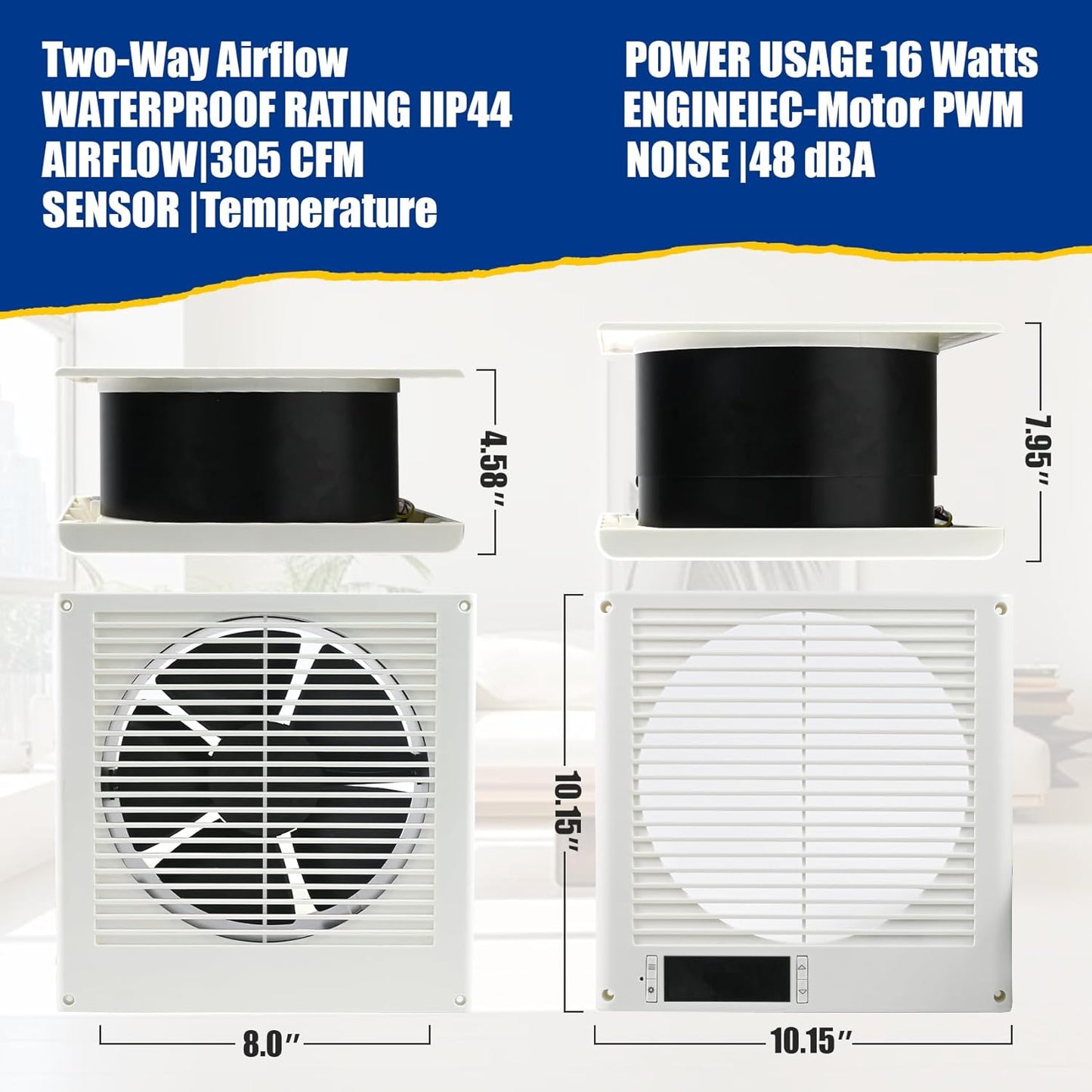 Room to Room Fan 8' Air Vent Fan, 10-Speed Quiet Airflow Through-the-Wall Fans, with Temperature and Timer Setting