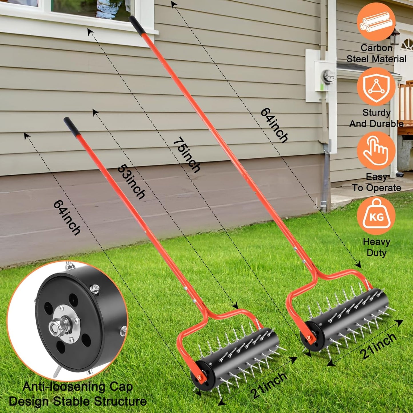 21' Rolling Lawn Aerator, 45 Preassembled Spikes, 75' Long Handle w/ Quick Clip Connections, Orange, 5 min assemble