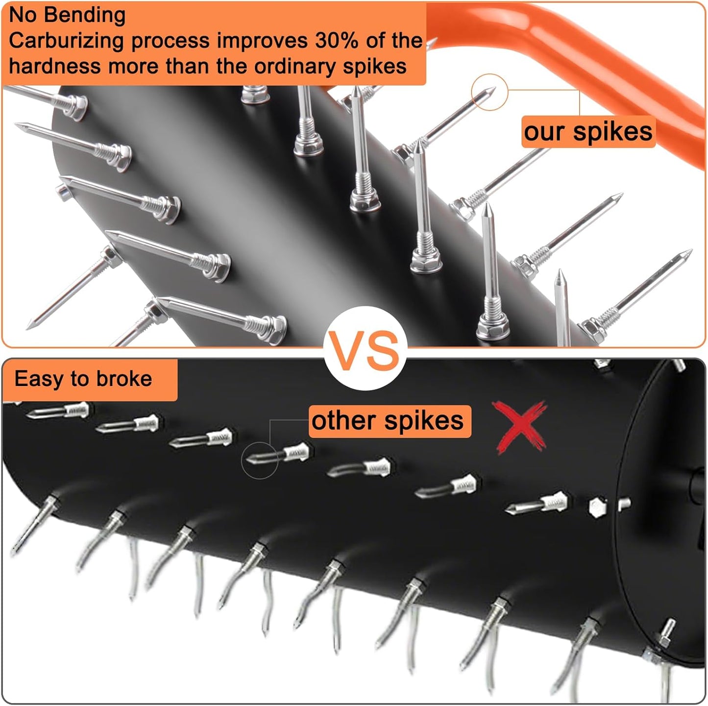 21' Rolling Lawn Aerator, 45 Preassembled Spikes, 75' Long Handle w/ Quick Clip Connections, Orange, 5 min assemble