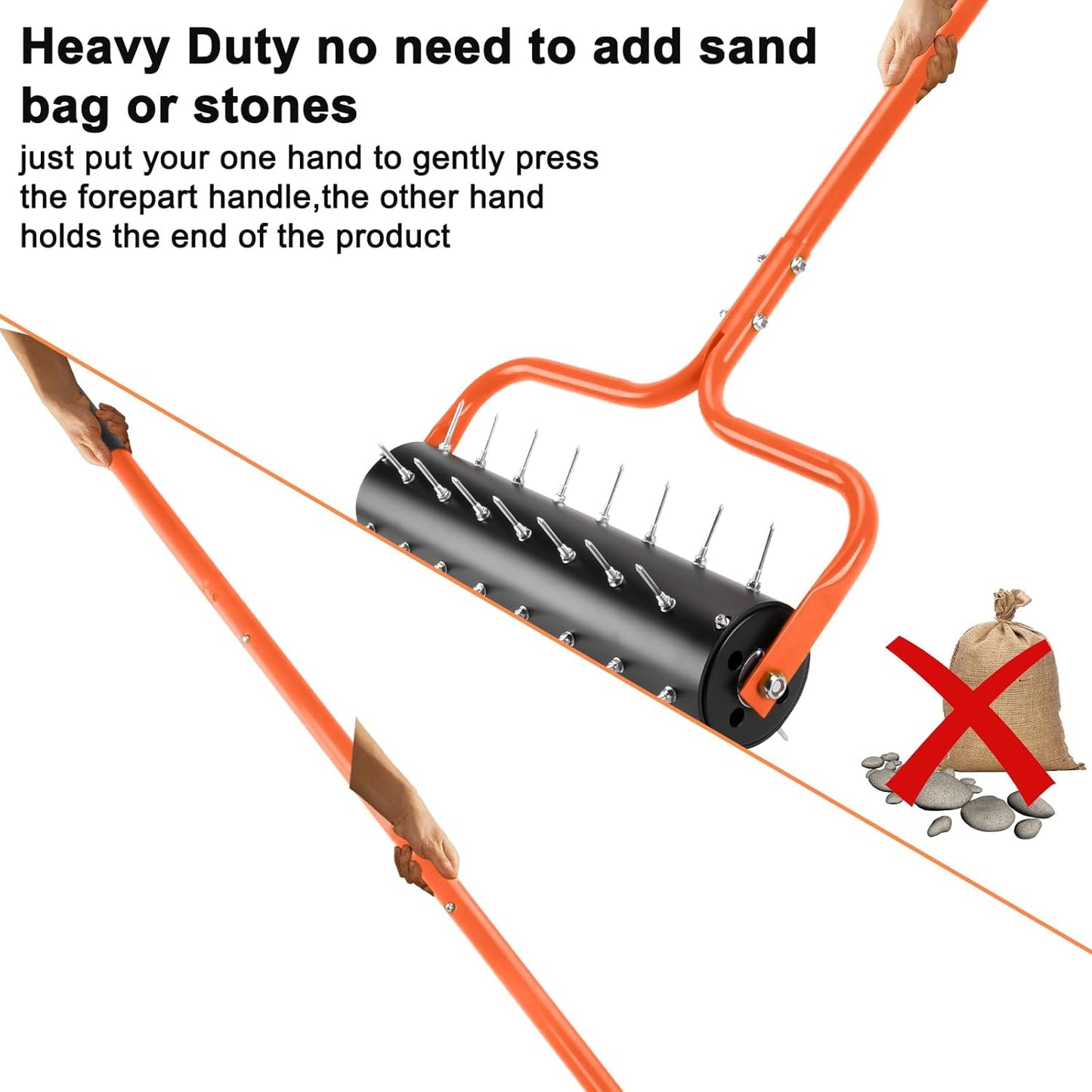 21' Rolling Lawn Aerator, 45 Preassembled Spikes, 75' Long Handle w/ Quick Clip Connections, Orange, 5 min assemble