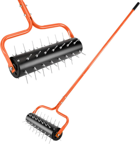 21' Rolling Lawn Aerator, 45 Preassembled Spikes, 75' Long Handle w/ Quick Clip Connections, Orange, 5 min assemble