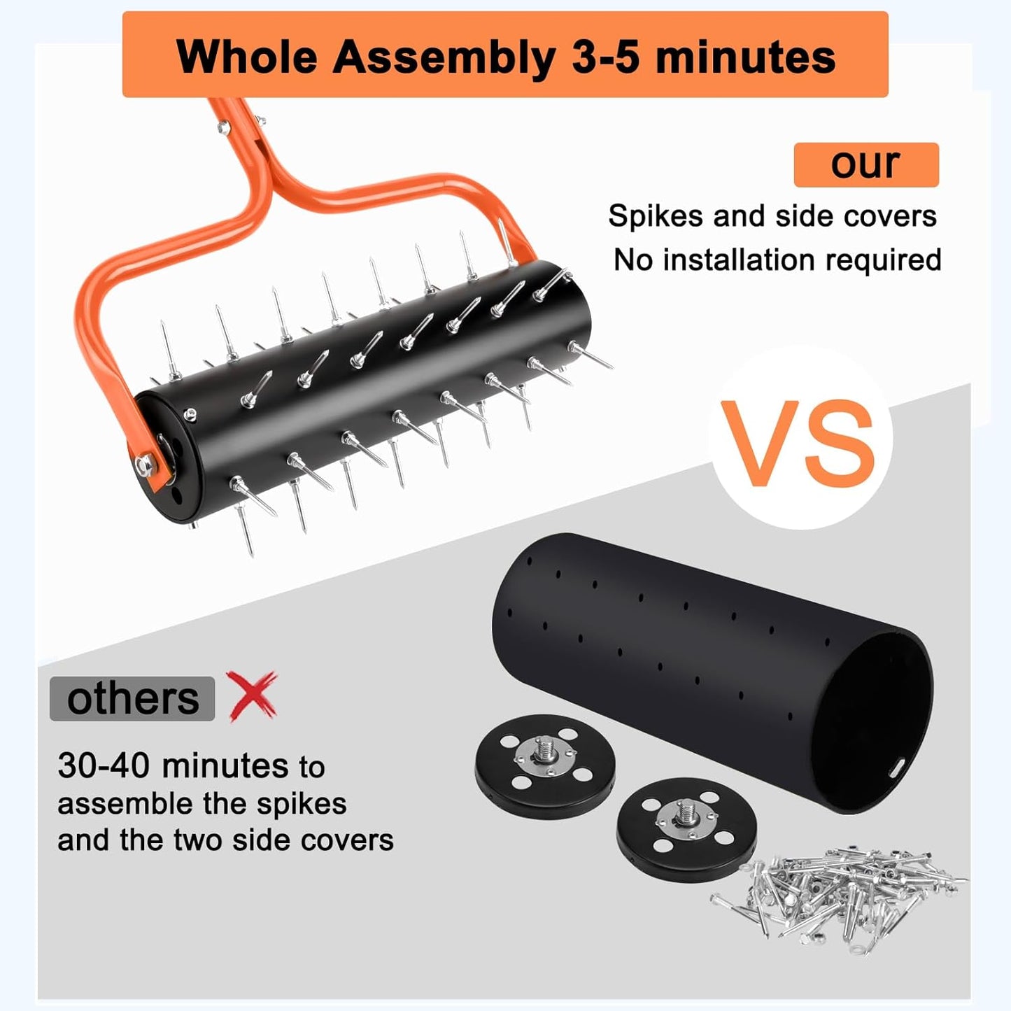 21' Rolling Lawn Aerator, 45 Preassembled Spikes, 75' Long Handle w/ Quick Clip Connections, Orange, 5 min assemble