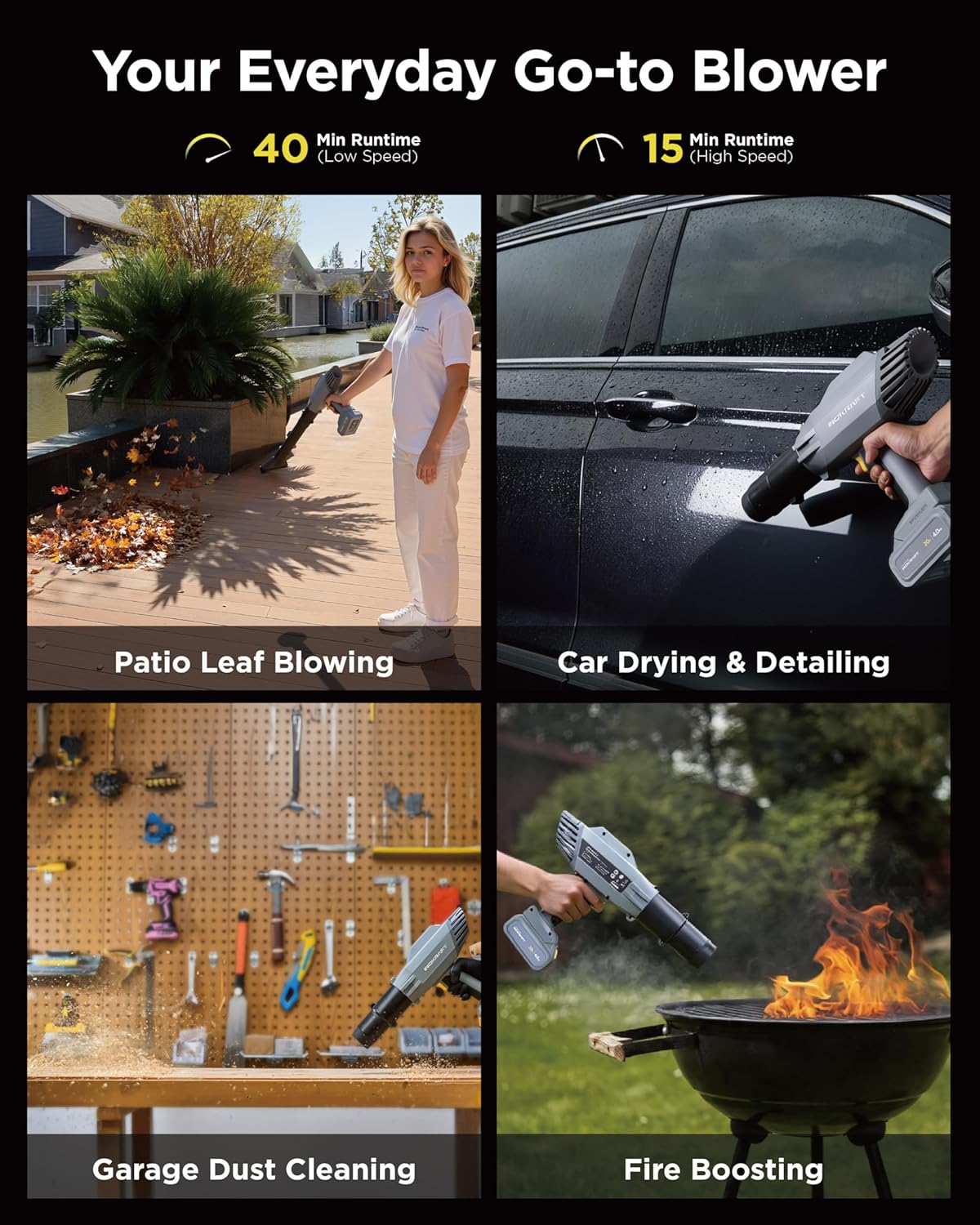 Cordless Leaf Blower 20V 4.0Ah Battery & Charger, Electric Blower with 2 Nozzles & 2 Extension Tubes, 125 MPH