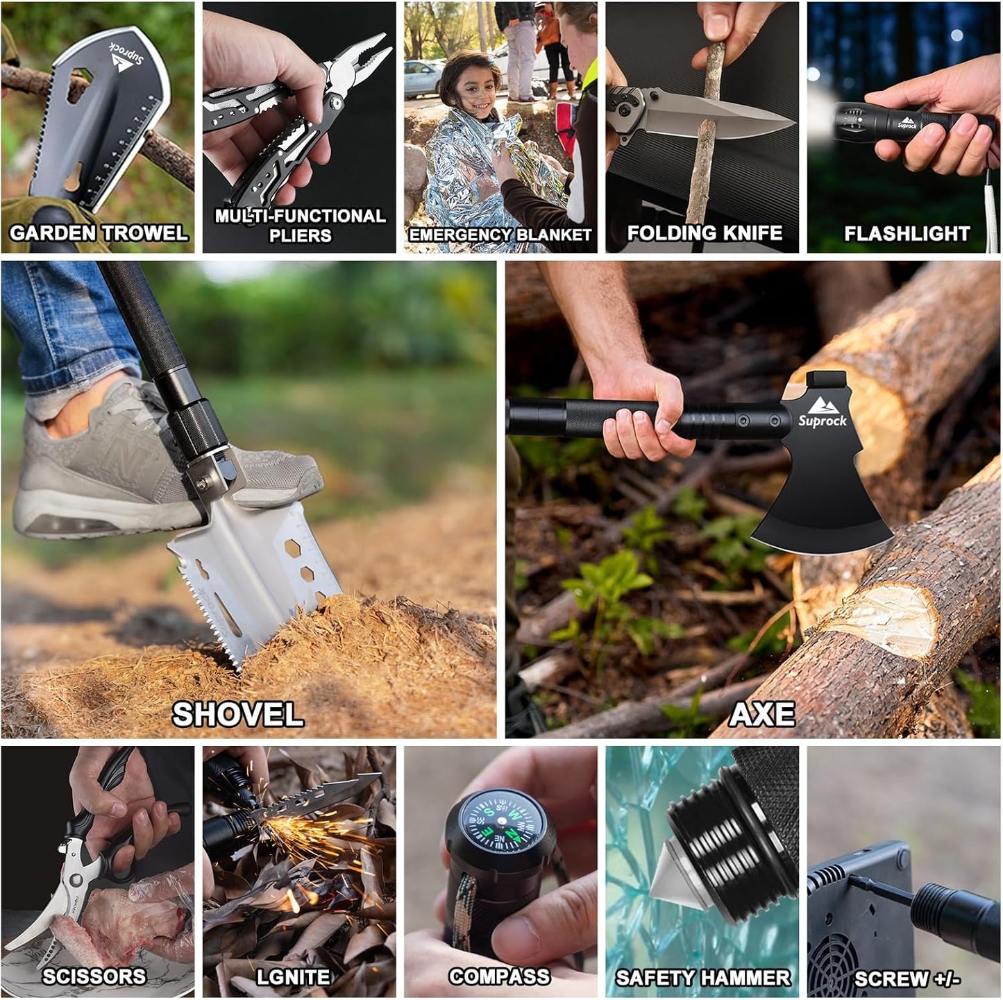 30-in-1 Tactical Shovel Axe with High Carbon Steel, Folding Entrenching Tool with Pouch for Emergency, Outdoor Gear