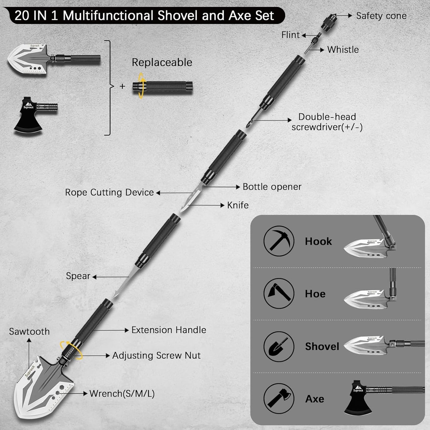30-in-1 Tactical Shovel Axe with High Carbon Steel, Folding Entrenching Tool with Pouch for Emergency, Outdoor Gear
