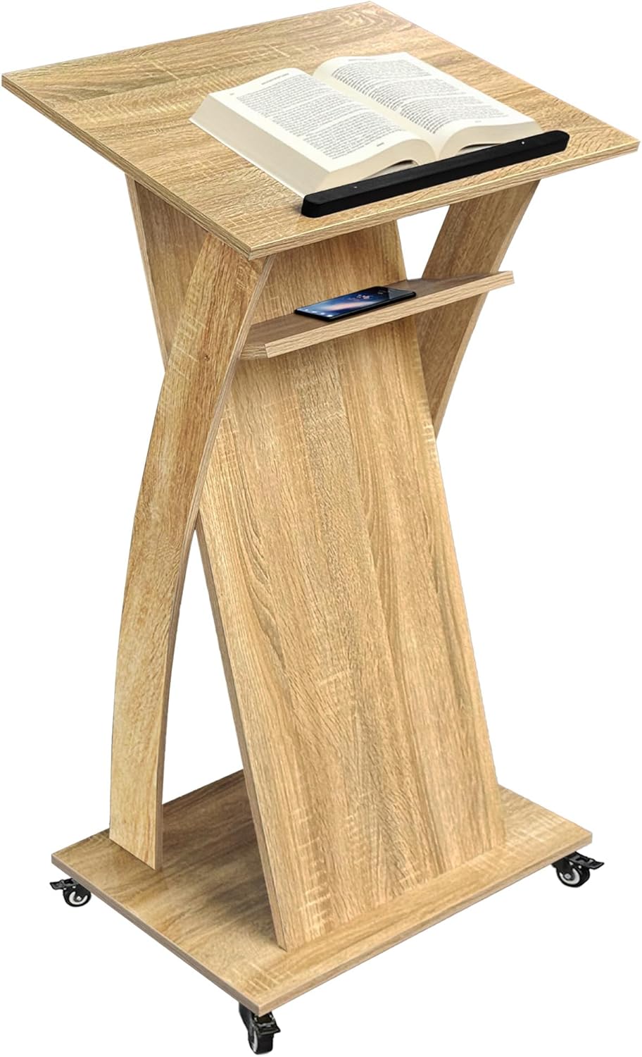 White Oak Wooden Podium Stand with Lockable Wheels, with Storage Shelf, for Church or Classroom