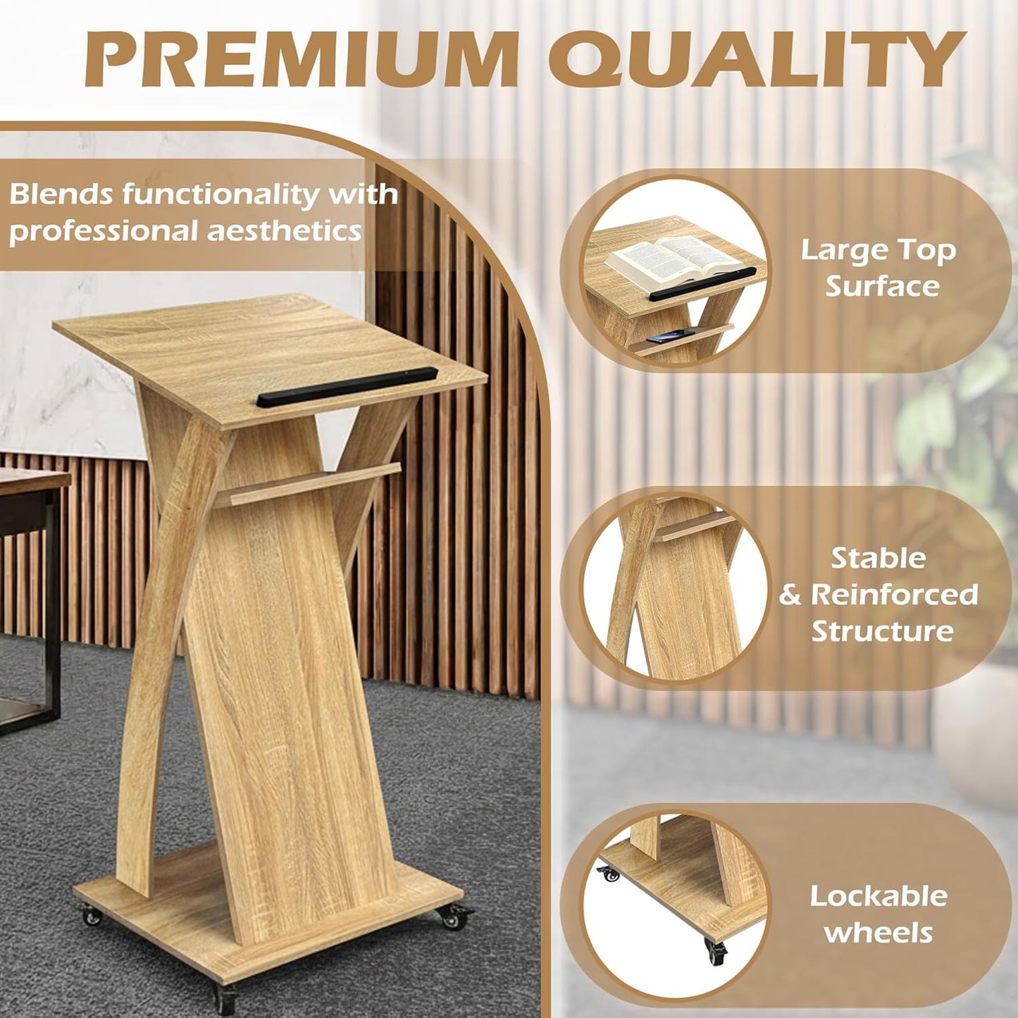 White Oak Wooden Podium Stand with Lockable Wheels, with Storage Shelf, for Church or Classroom