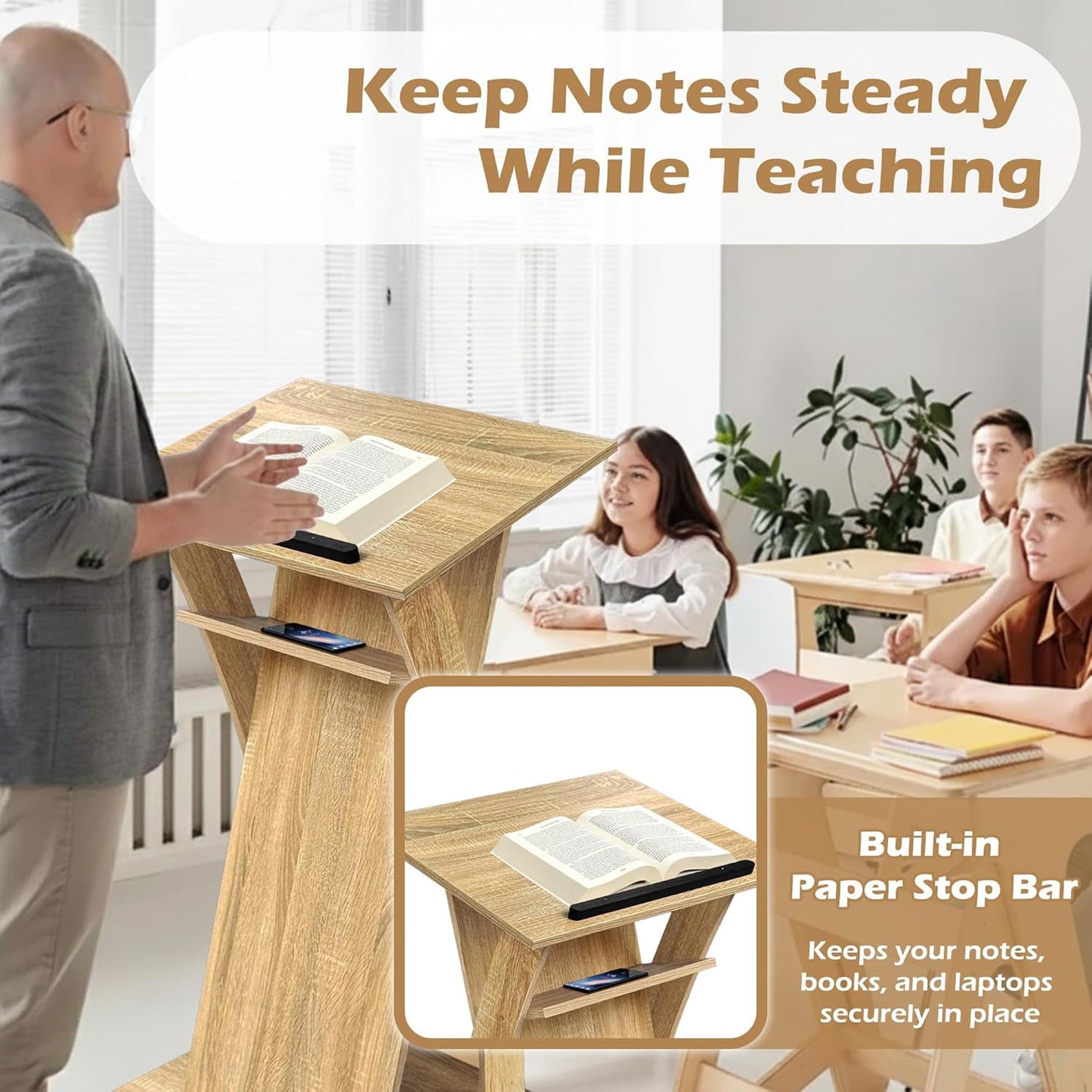 White Oak Wooden Podium Stand with Lockable Wheels, with Storage Shelf, for Church or Classroom