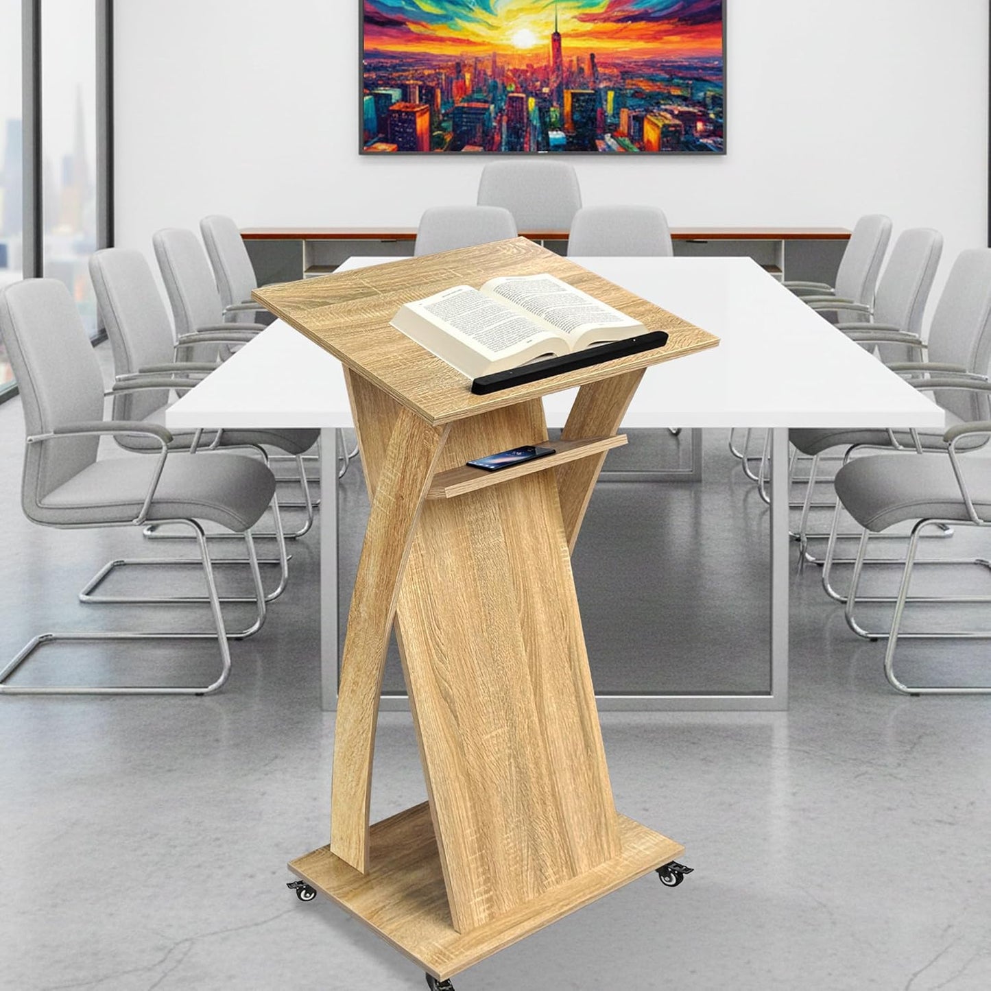 White Oak Wooden Podium Stand with Lockable Wheels, with Storage Shelf, for Church or Classroom