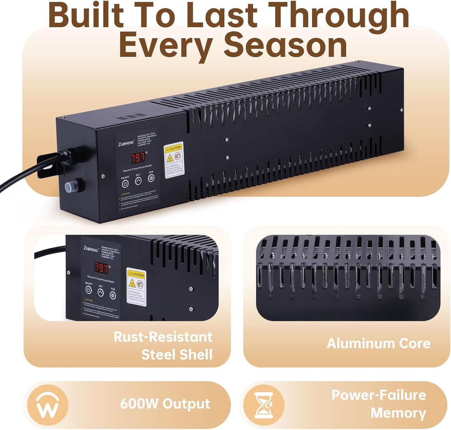 Utility Heater with Built-In Thermostat, 600W Electric Pump House Heater 120V,  Convection Design with Fan