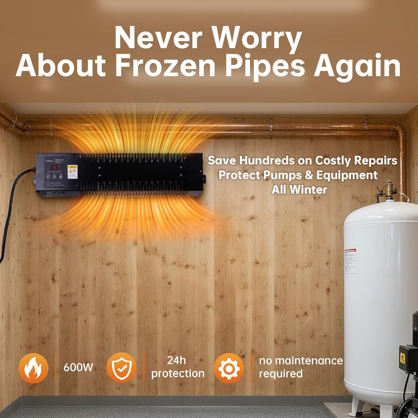 Utility Heater with Built-In Thermostat, 600W Electric Pump House Heater 120V,  Convection Design with Fan