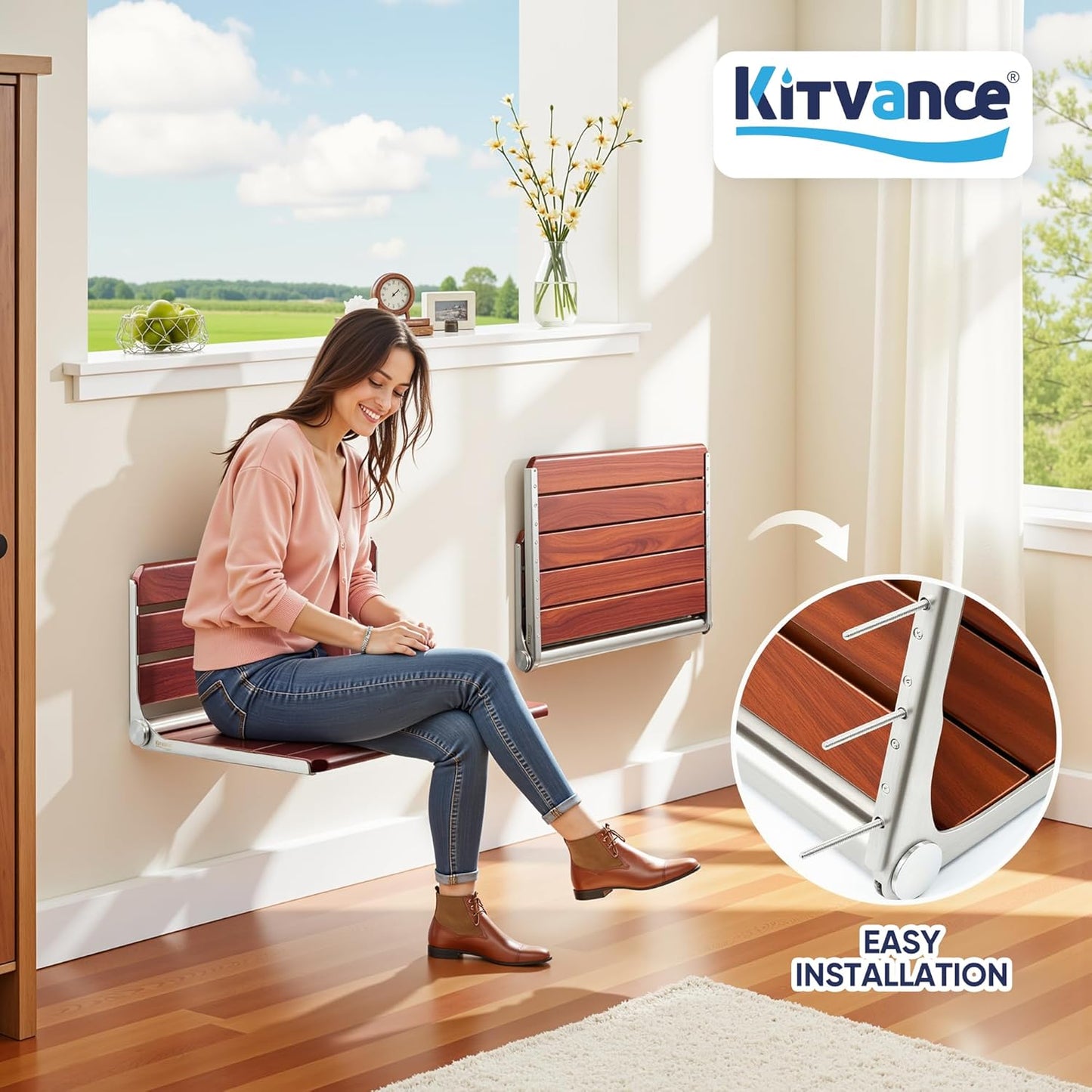 20' Folding Teak Wood Shower Seat Wall Mounted, Foldable Shower Bench for Inside Shower