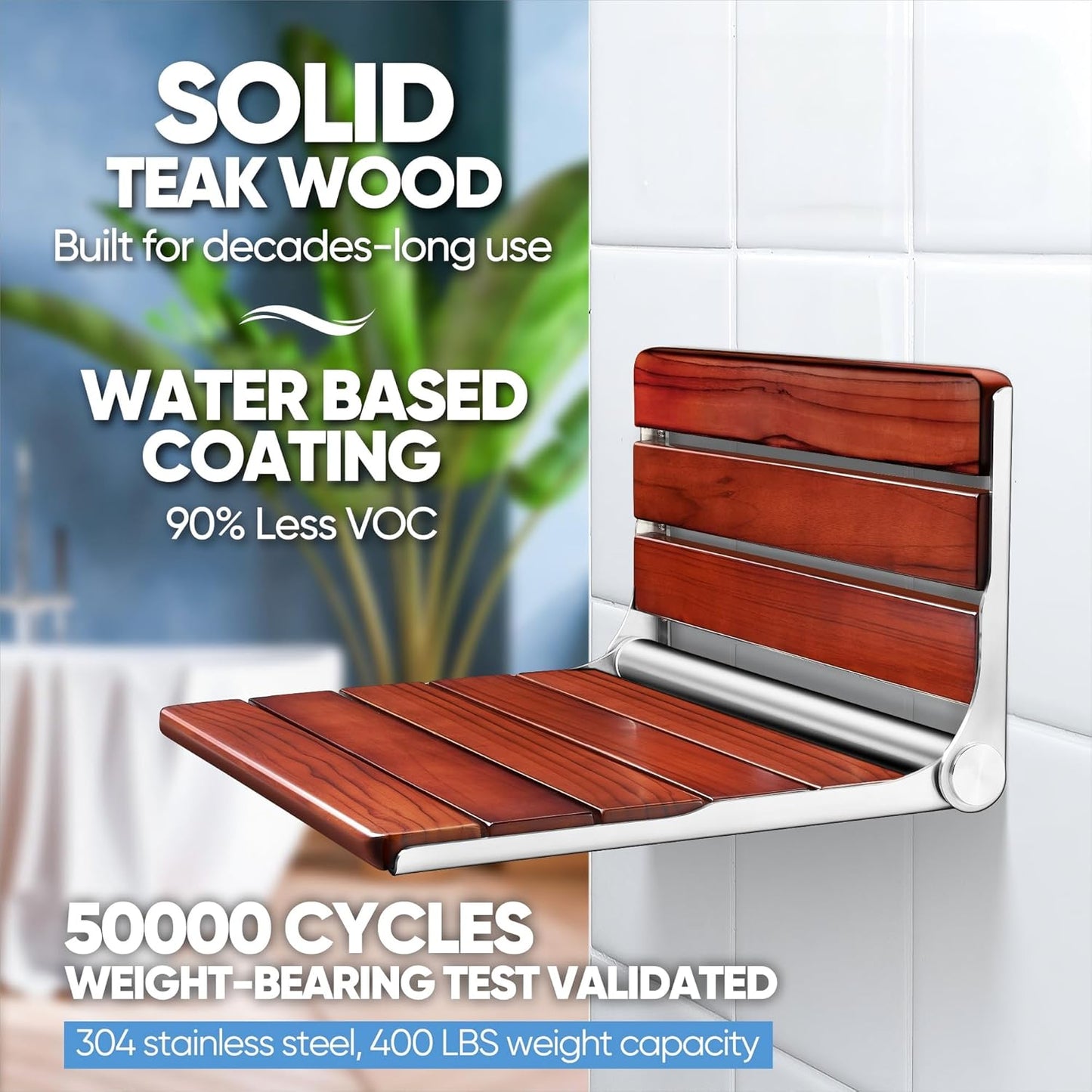 20' Folding Teak Wood Shower Seat Wall Mounted, Foldable Shower Bench for Inside Shower