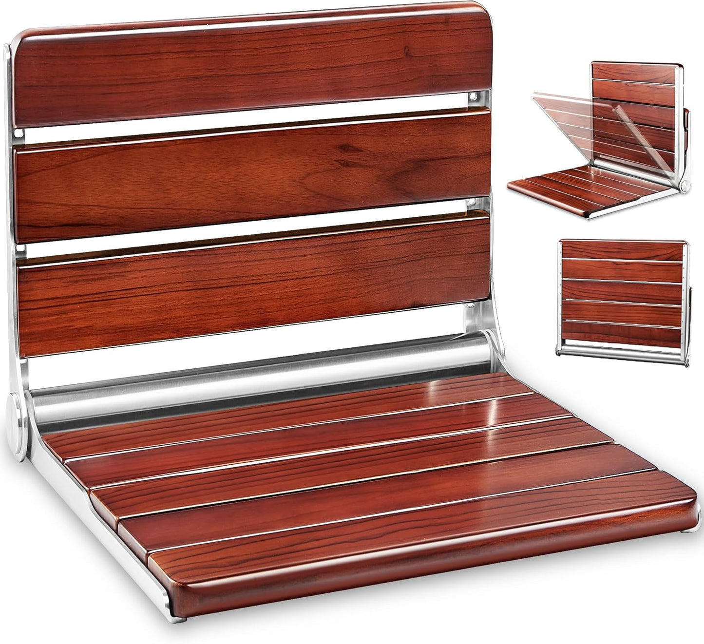 20' Folding Teak Wood Shower Seat Wall Mounted, Foldable Shower Bench for Inside Shower