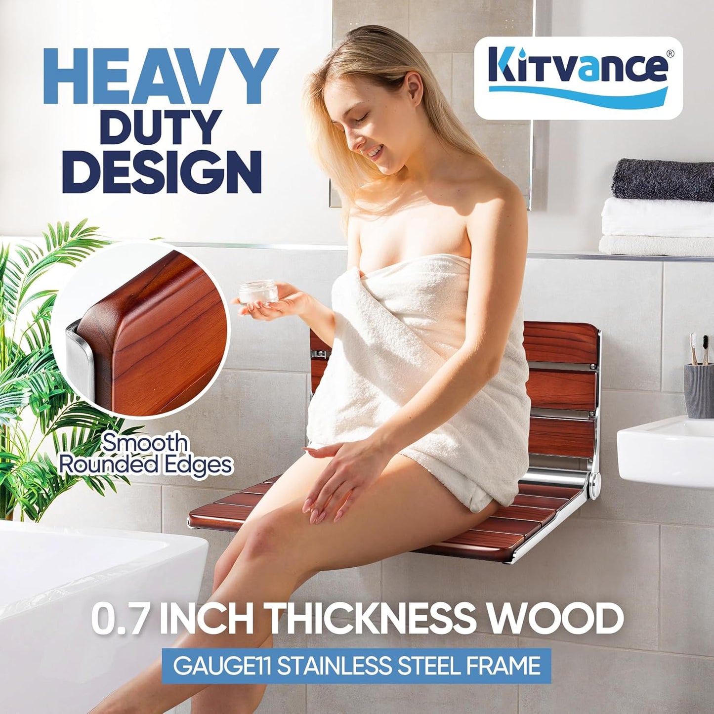 20' Folding Teak Wood Shower Seat Wall Mounted, Foldable Shower Bench for Inside Shower