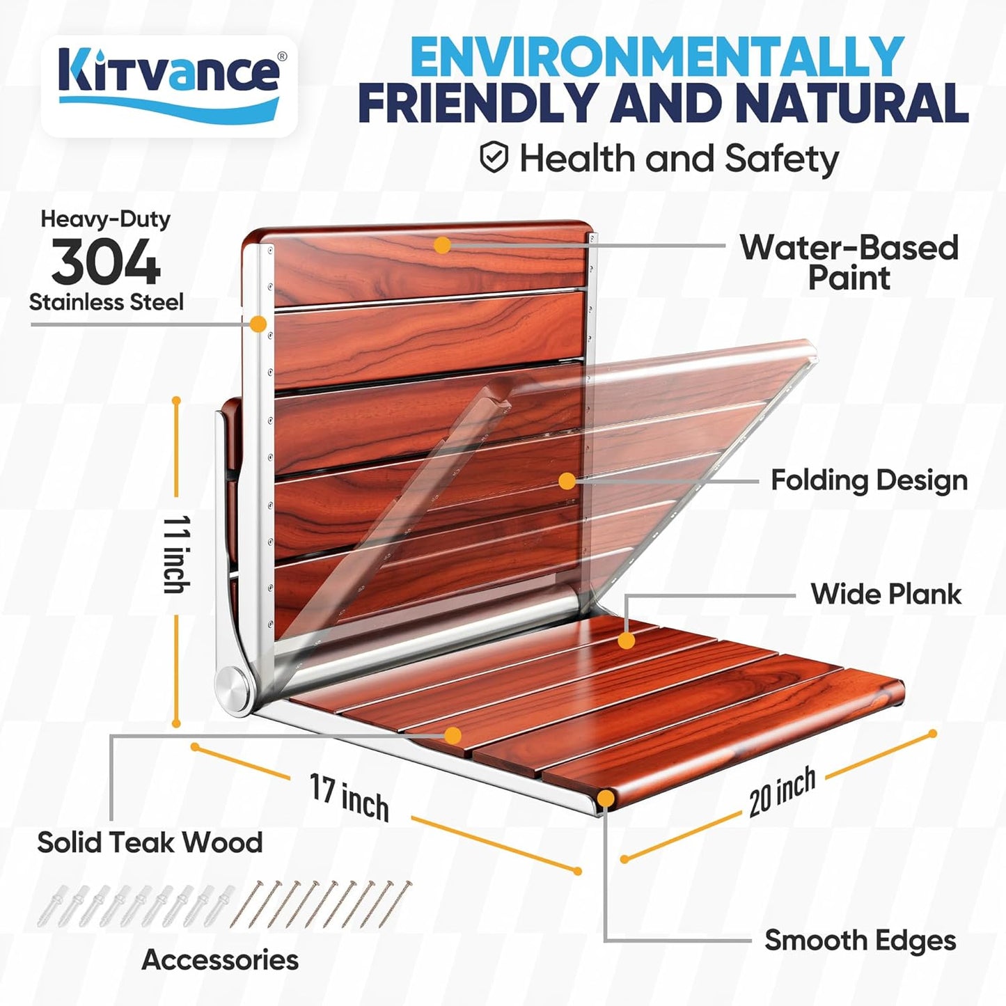 20' Folding Teak Wood Shower Seat Wall Mounted, Foldable Shower Bench for Inside Shower