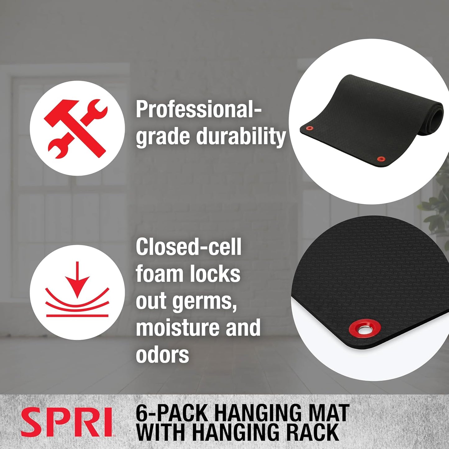 Hanging Bulk Fitness Mats + Rack, 15mm, 56” x 23' Black, 6 Pack, Closed-Cell Foam, Reinforced Grommets