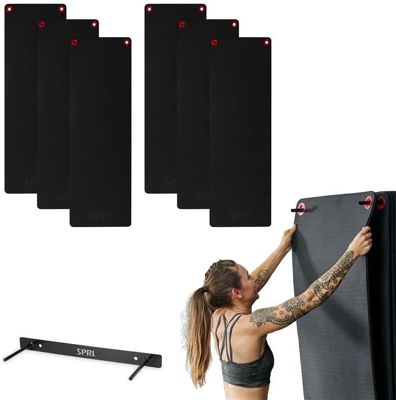 Hanging Bulk Fitness Mats + Rack, 15mm, 56” x 23' Black, 6 Pack, Closed-Cell Foam, Reinforced Grommets