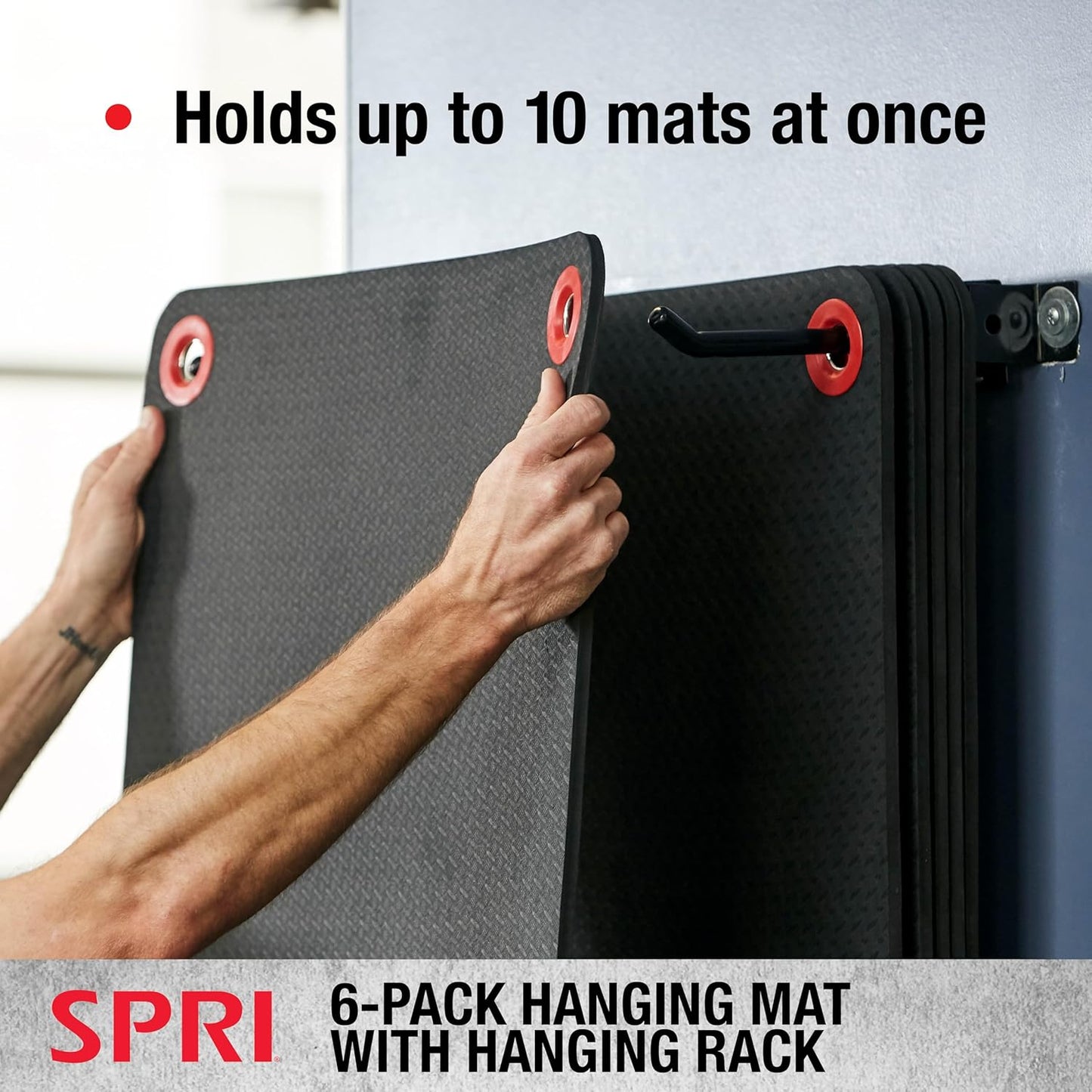 Hanging Bulk Fitness Mats + Rack, 15mm, 56” x 23' Black, 6 Pack, Closed-Cell Foam, Reinforced Grommets