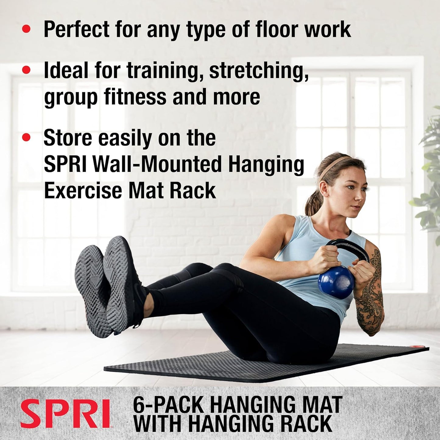 Hanging Bulk Fitness Mats + Rack, 15mm, 56” x 23' Black, 6 Pack, Closed-Cell Foam, Reinforced Grommets