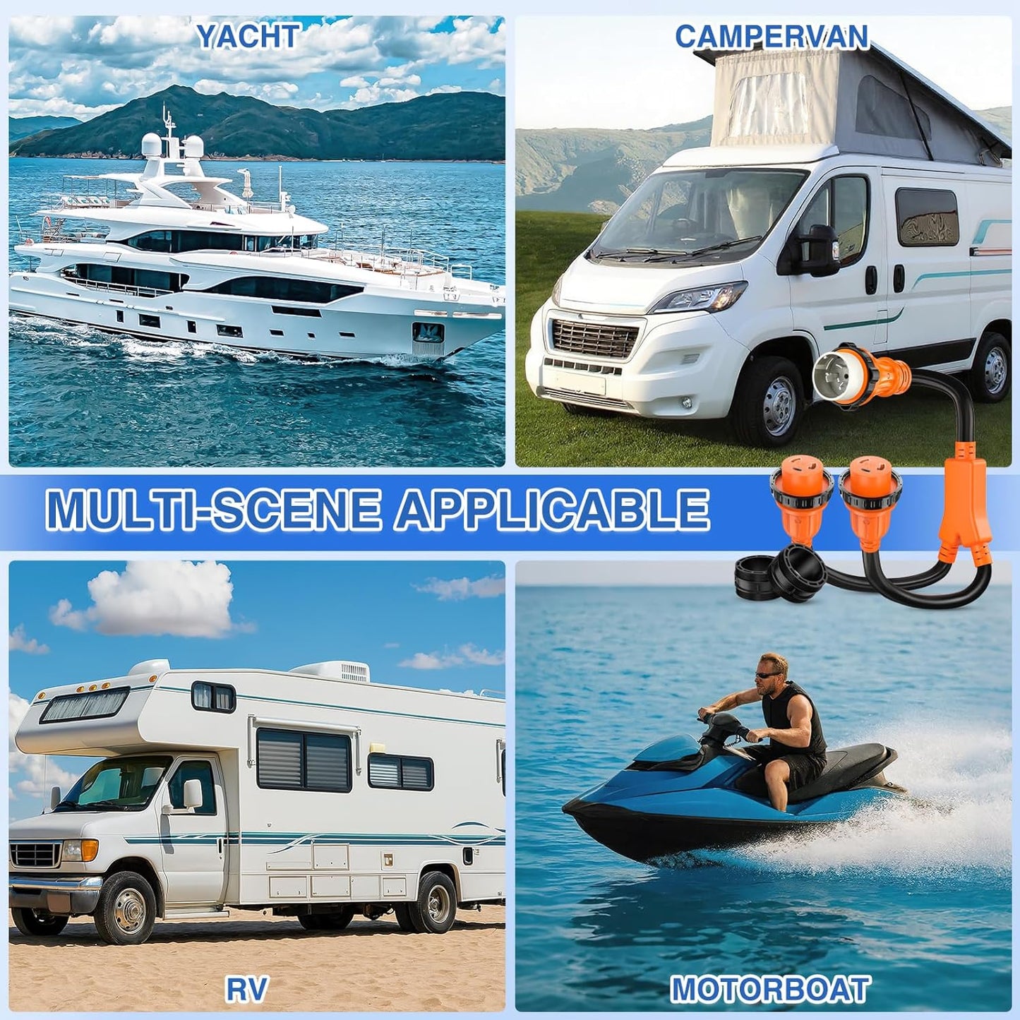 50 Amp RV Marine Boat Shore Power Y Splitter Adapter Cord, 125/250V7500W Cords w/Locking Rings & Waterproof