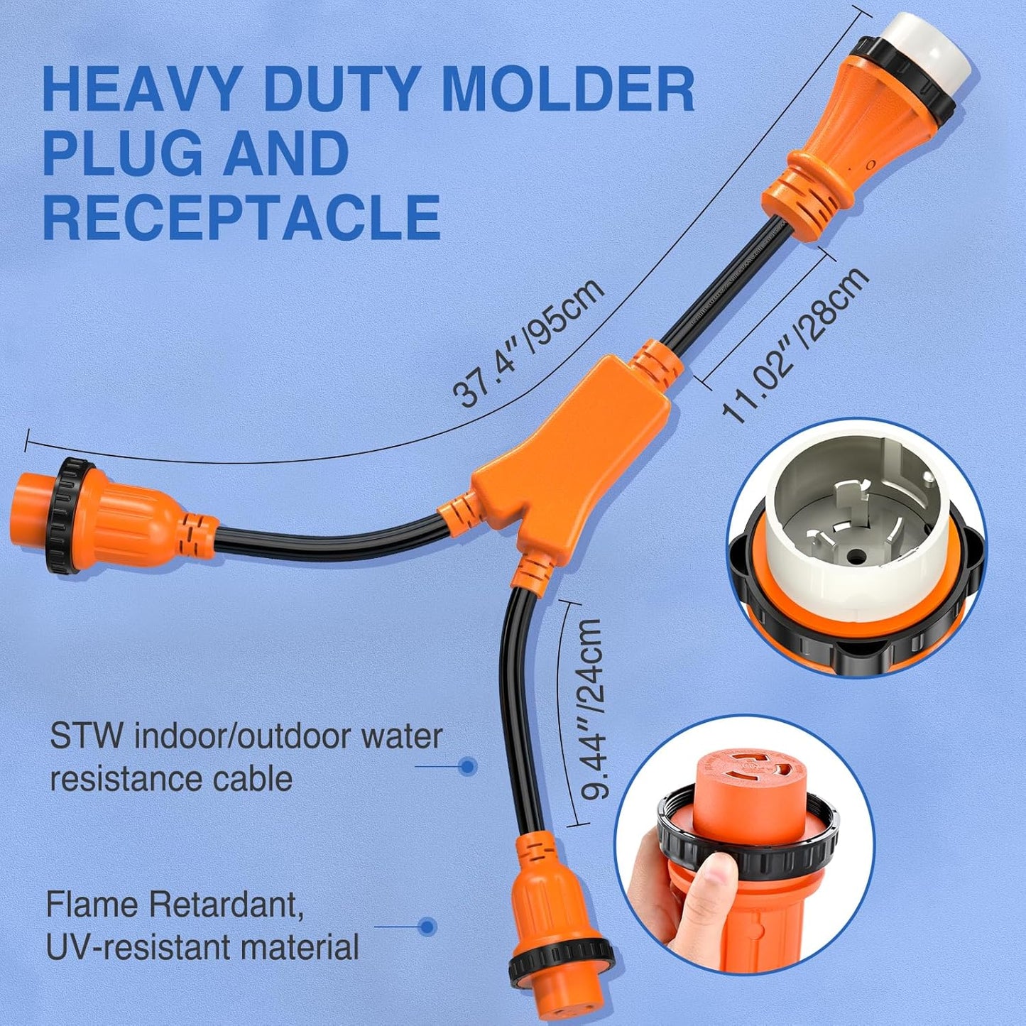 50 Amp RV Marine Boat Shore Power Y Splitter Adapter Cord, 125/250V7500W Cords w/Locking Rings & Waterproof