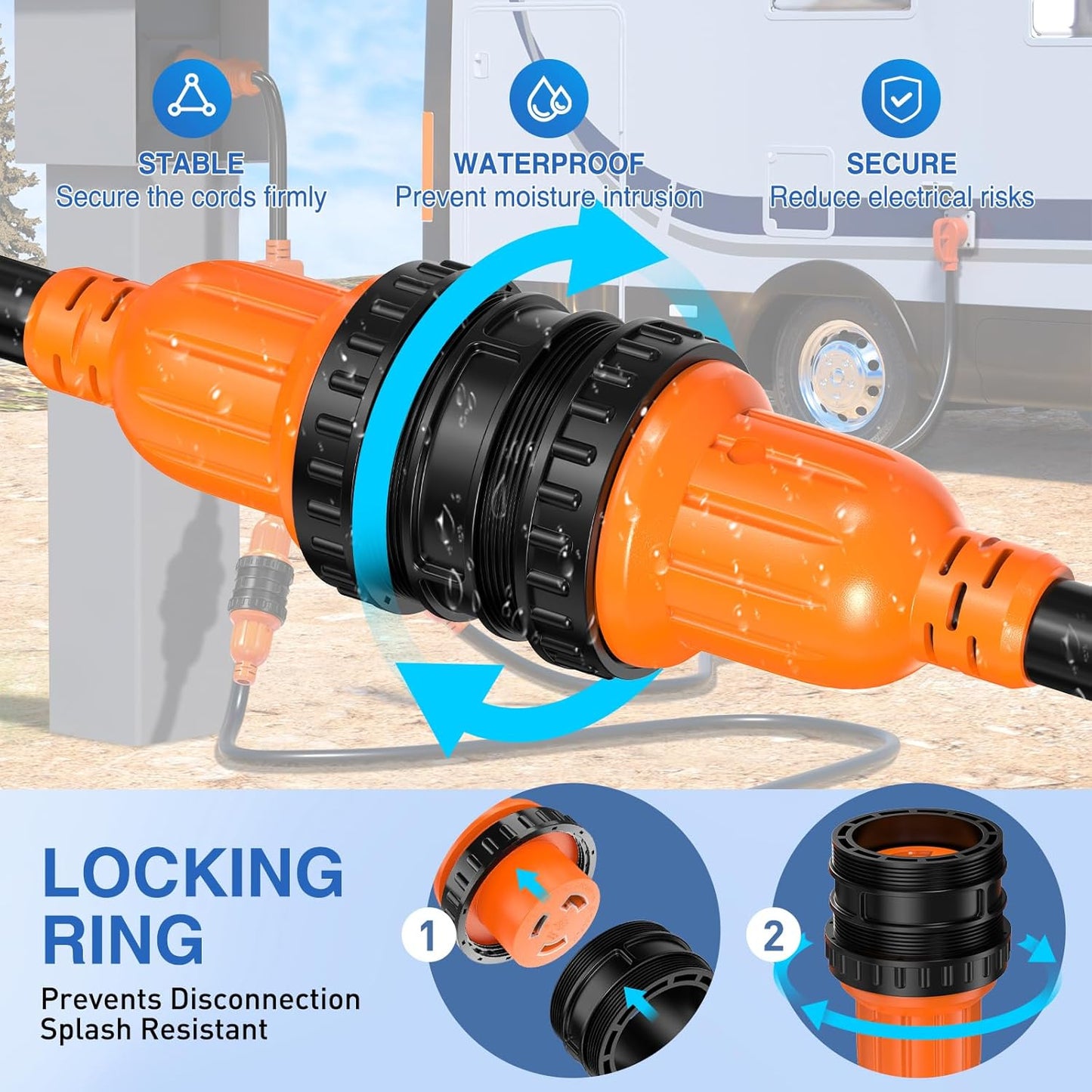 50 Amp RV Marine Boat Shore Power Y Splitter Adapter Cord, 125/250V7500W Cords w/Locking Rings & Waterproof