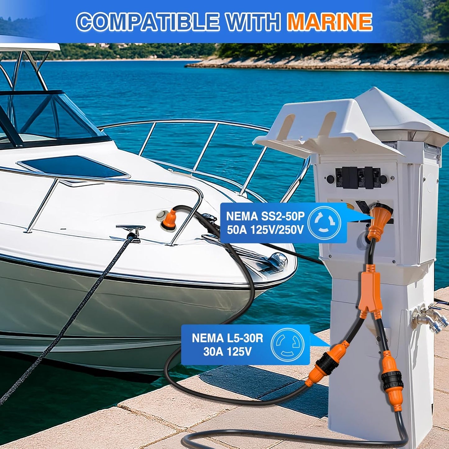 50 Amp RV Marine Boat Shore Power Y Splitter Adapter Cord, 125/250V7500W Cords w/Locking Rings & Waterproof