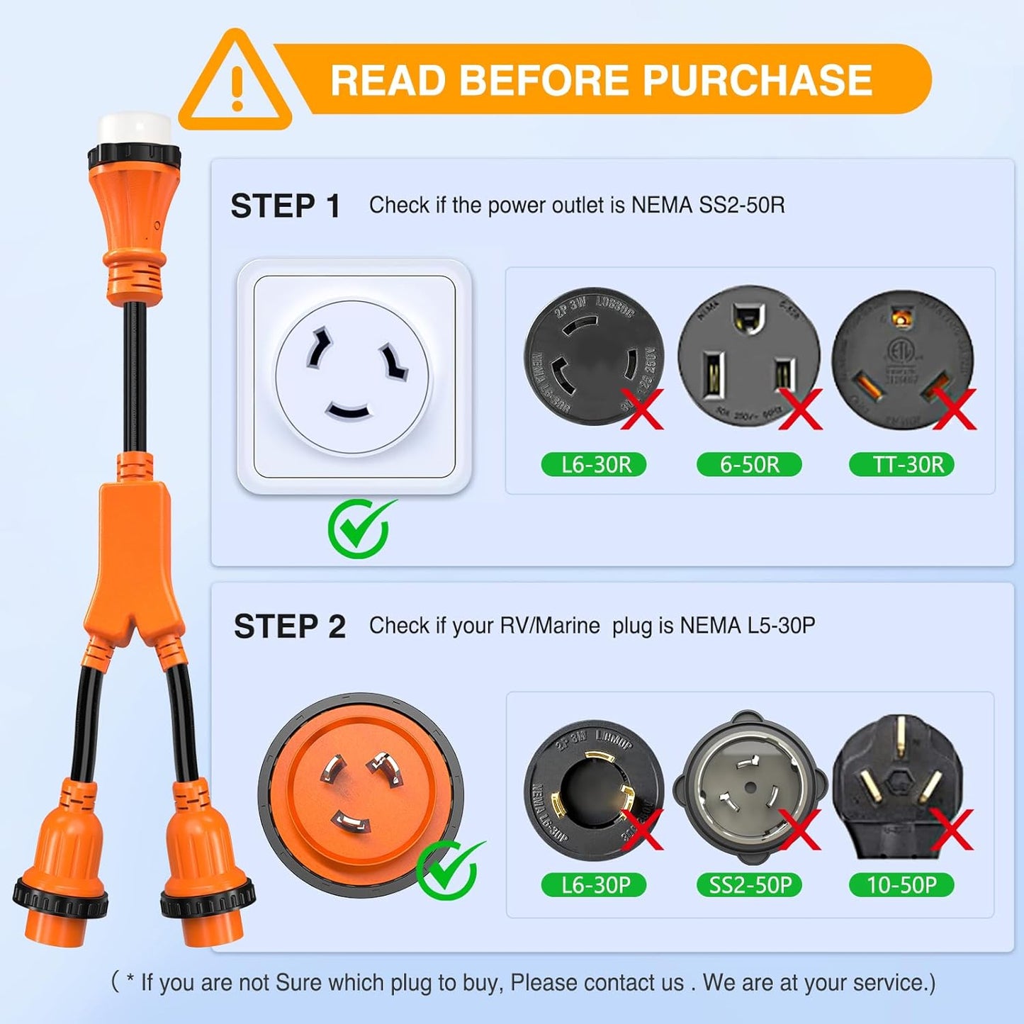 50 Amp RV Marine Boat Shore Power Y Splitter Adapter Cord, 125/250V7500W Cords w/Locking Rings & Waterproof