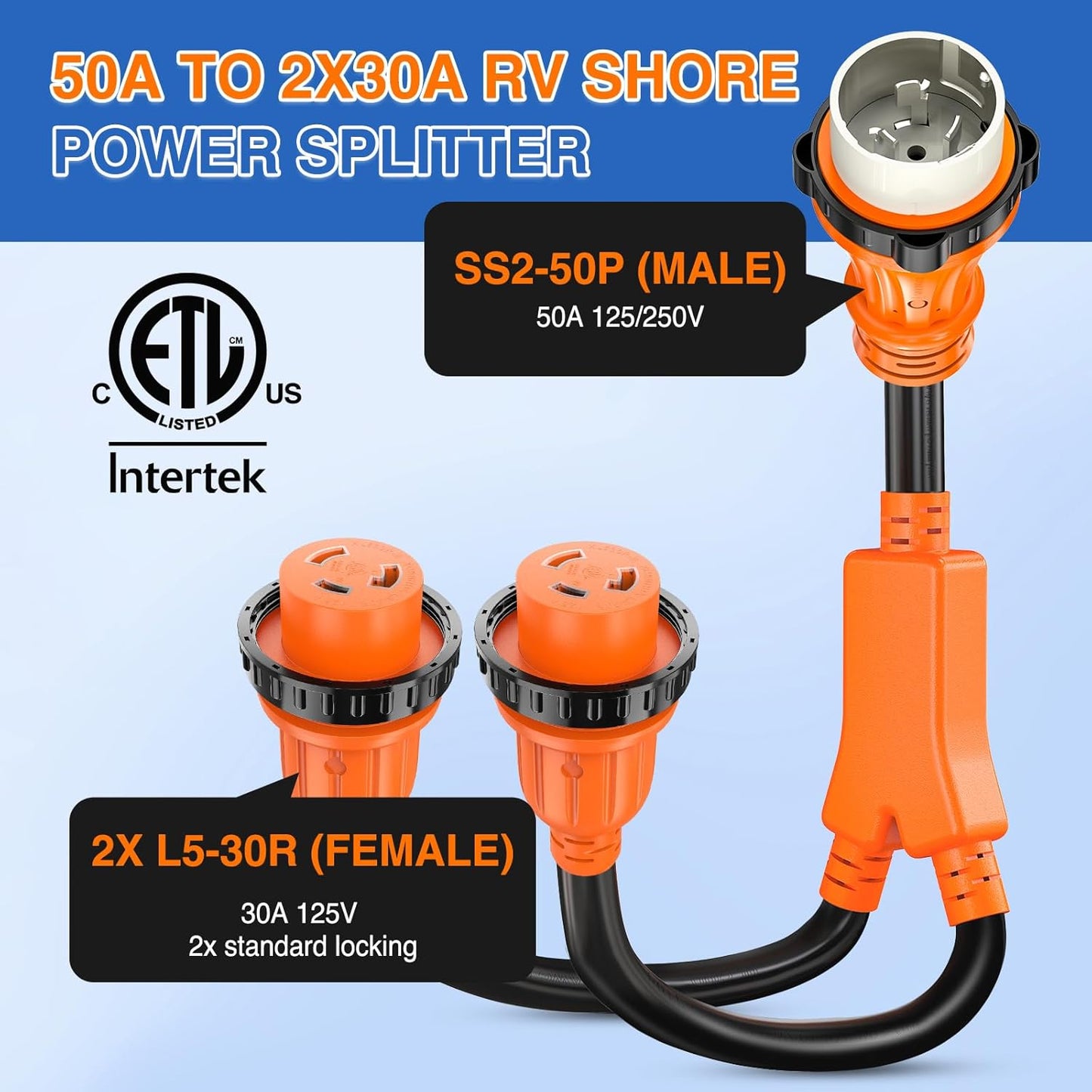 50 Amp RV Marine Boat Shore Power Y Splitter Adapter Cord, 125/250V7500W Cords w/Locking Rings & Waterproof