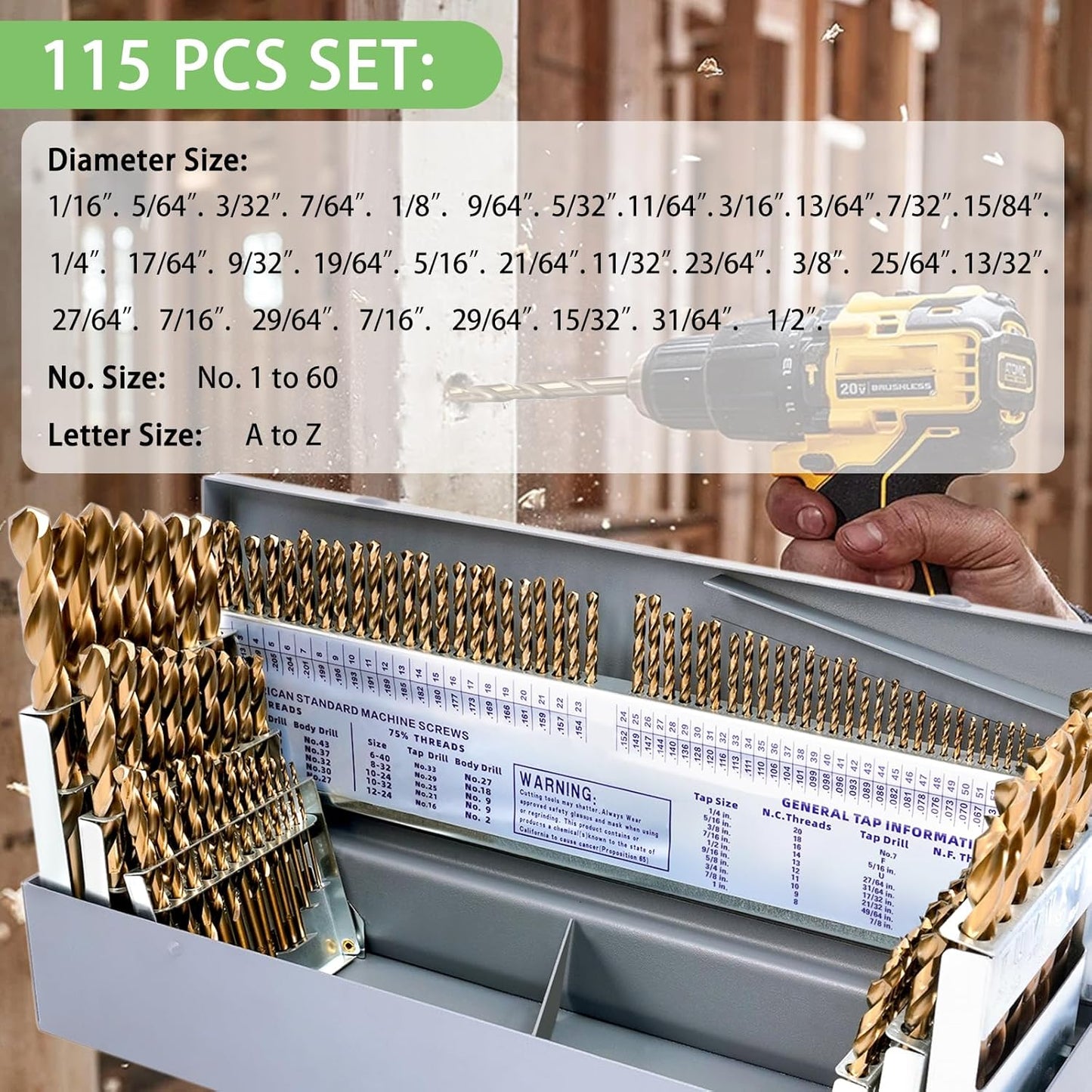Drill Bit Set, 115Pcs M35 High Speed Steel Bits for Hardened Metals, Stainless Steel, Cast Iron and Wooden Plastics