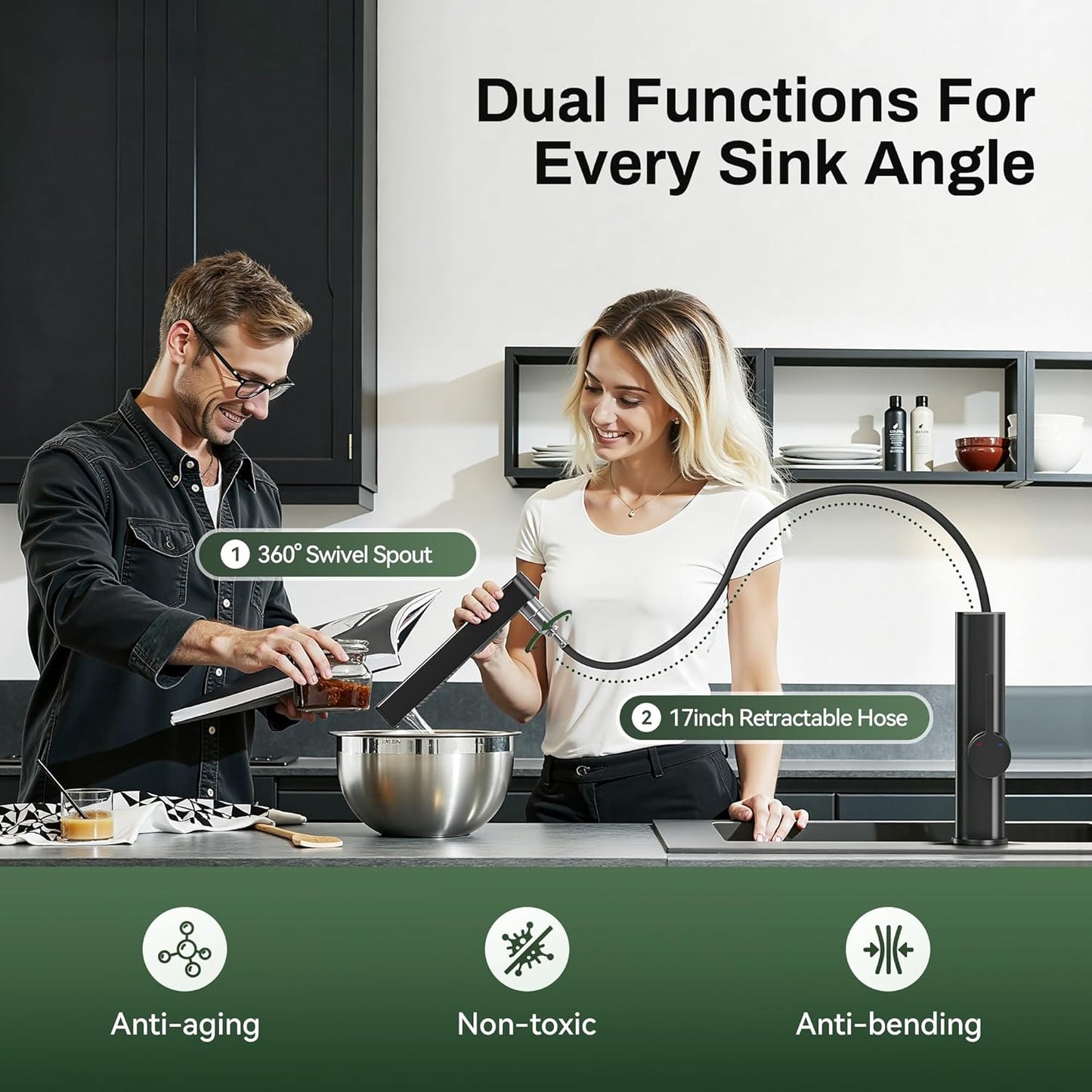 Kitchen Faucets with Pull Down Sprayer, 2-Mode Sprayer, 360°Swivel, 17' Retractable Hose