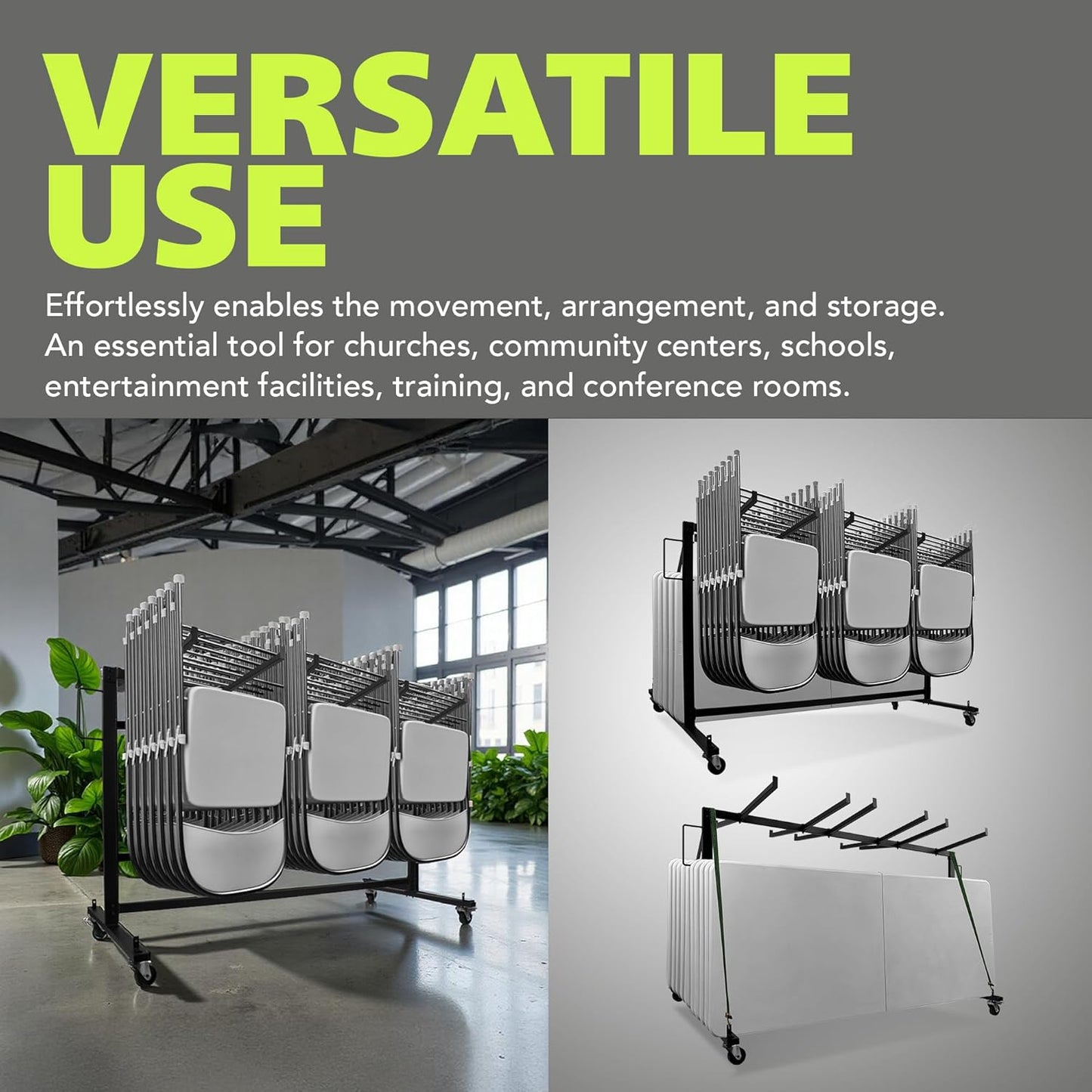 400 LBS Capacity, Heavy-Duty Chair Cart for 42 Chairs or 12 Tables, Chair Storage Dolly with Wheels and Holders