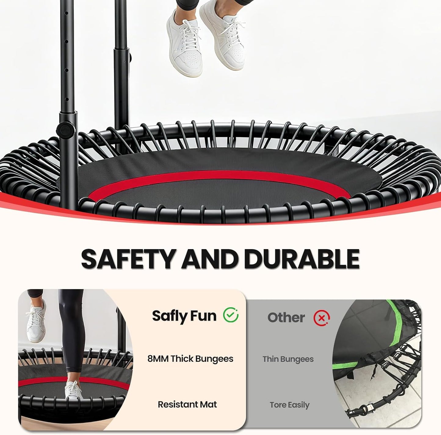 40''/45''/50'' Rebounder Trampoline for Adults, 450-550 lbs Foldable,  5-Level Adjustable Handle