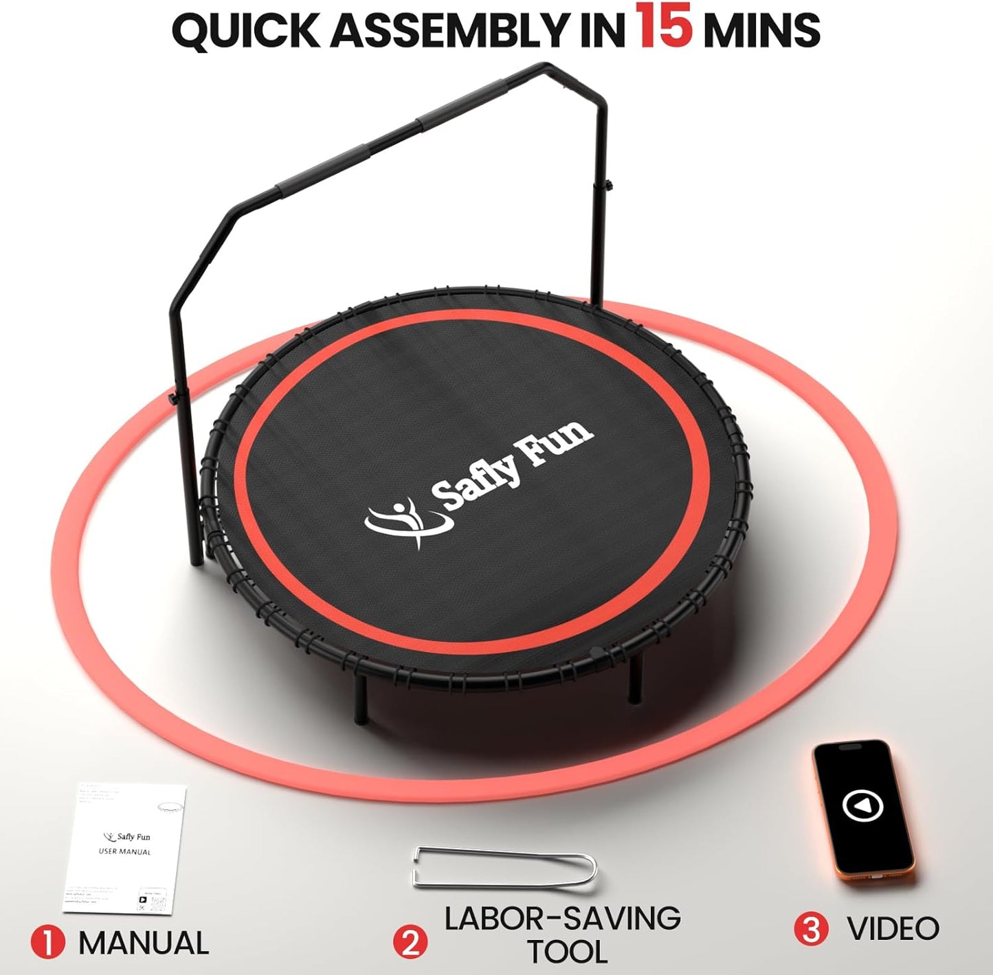 40''/45''/50'' Rebounder Trampoline for Adults, 450-550 lbs Foldable,  5-Level Adjustable Handle