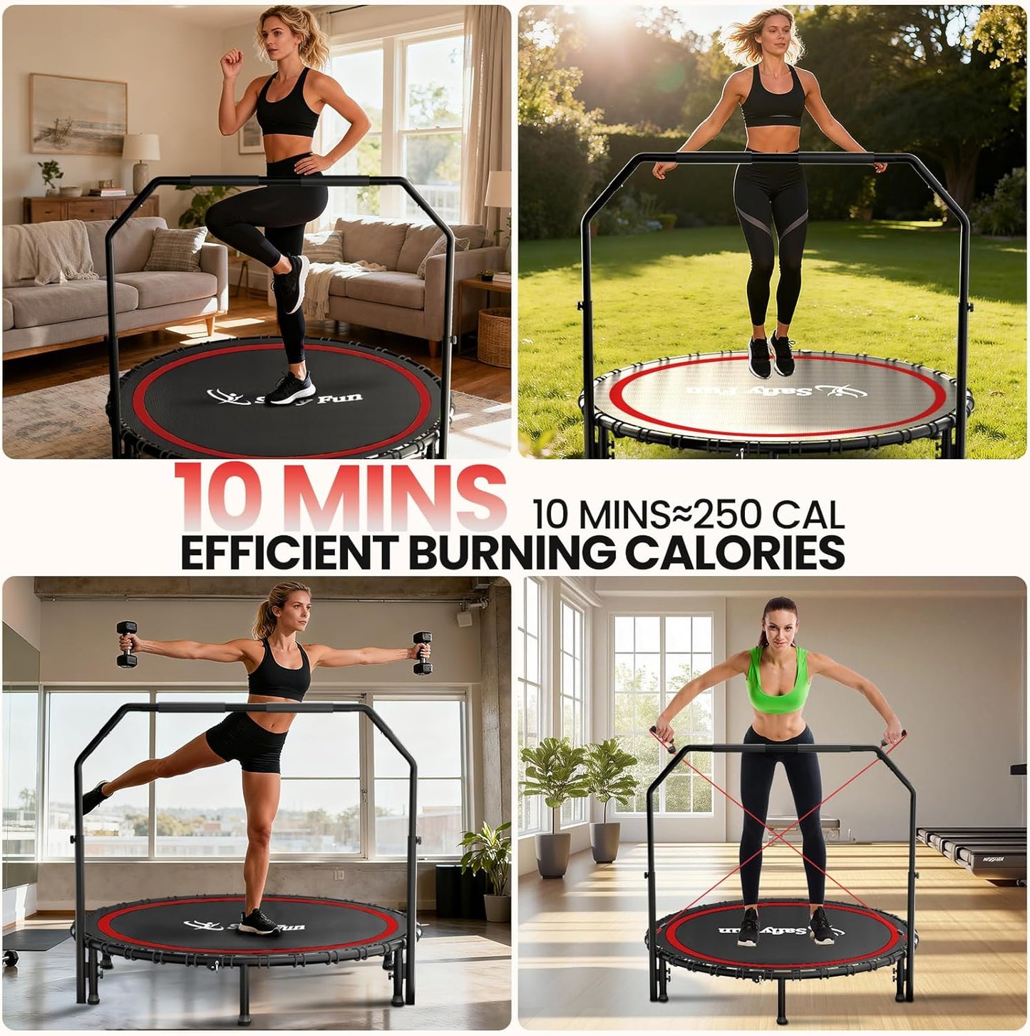 40''/45''/50'' Rebounder Trampoline for Adults, 450-550 lbs Foldable,  5-Level Adjustable Handle