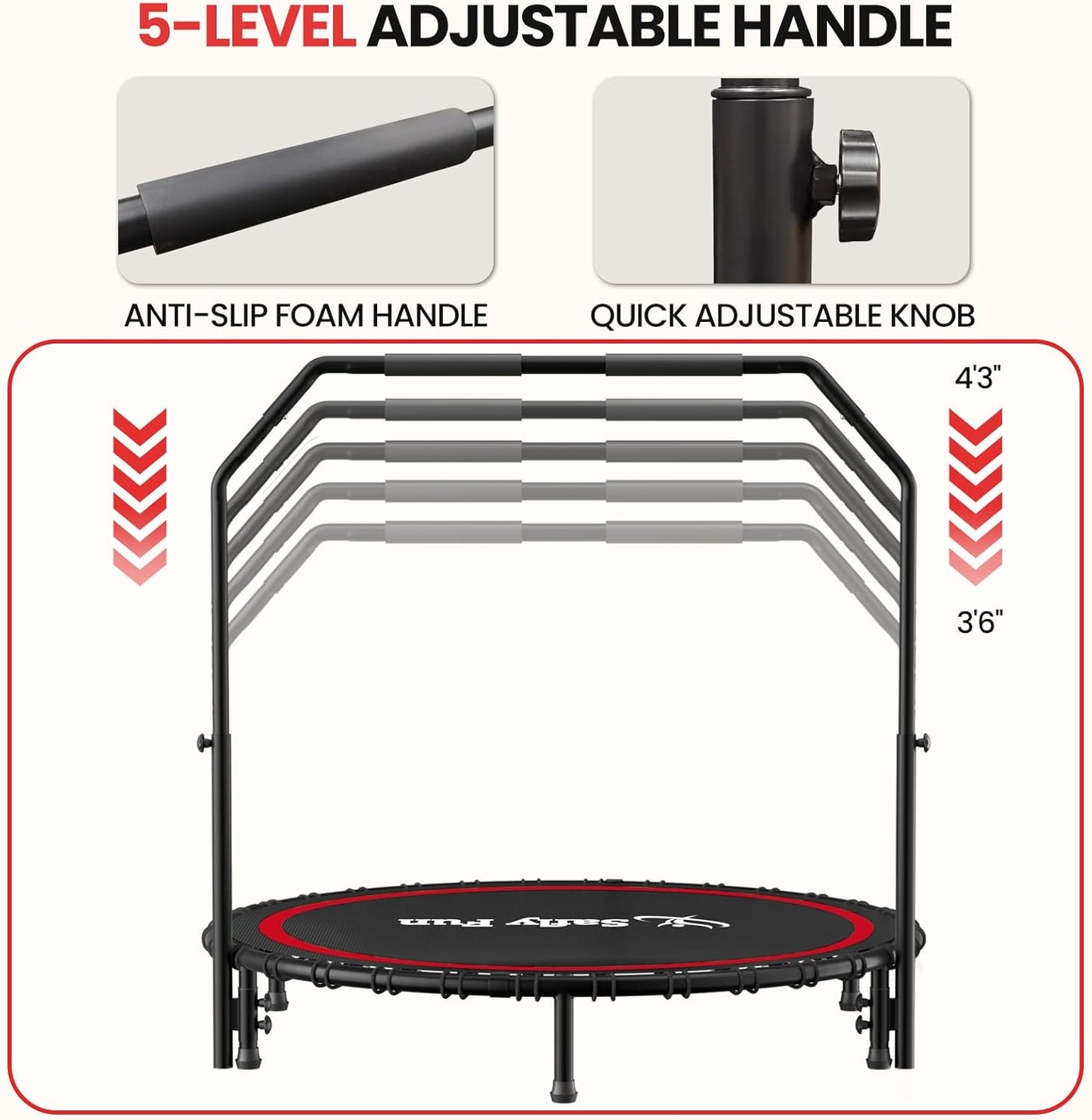 40''/45''/50'' Rebounder Trampoline for Adults, 450-550 lbs Foldable,  5-Level Adjustable Handle